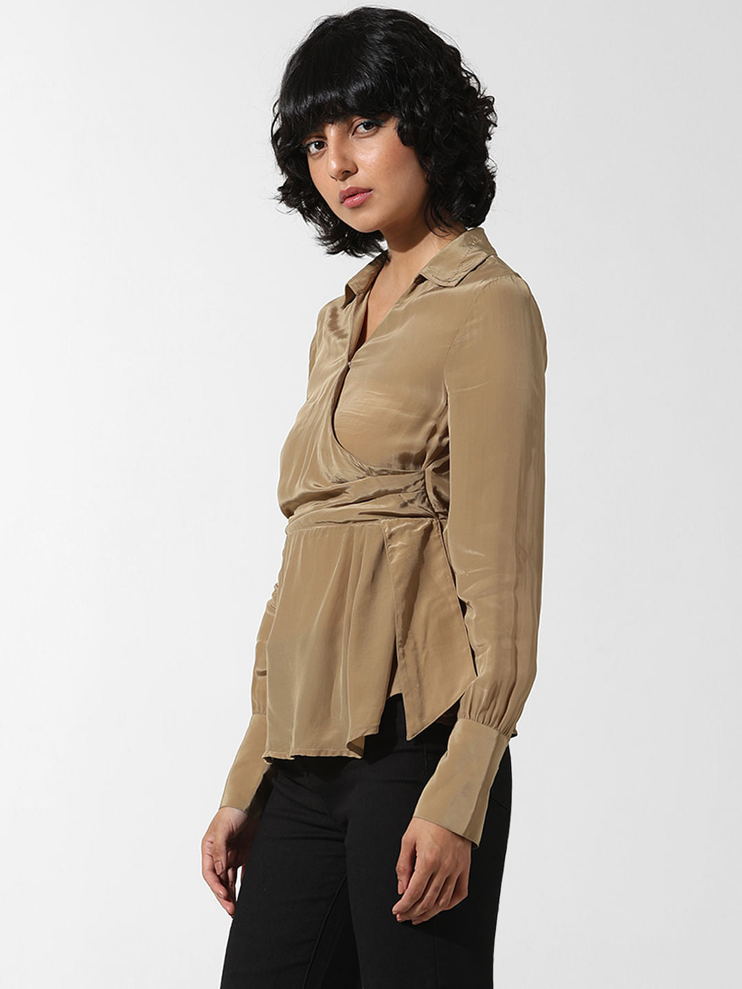 Olive-Beige Mock Wrap Shirt