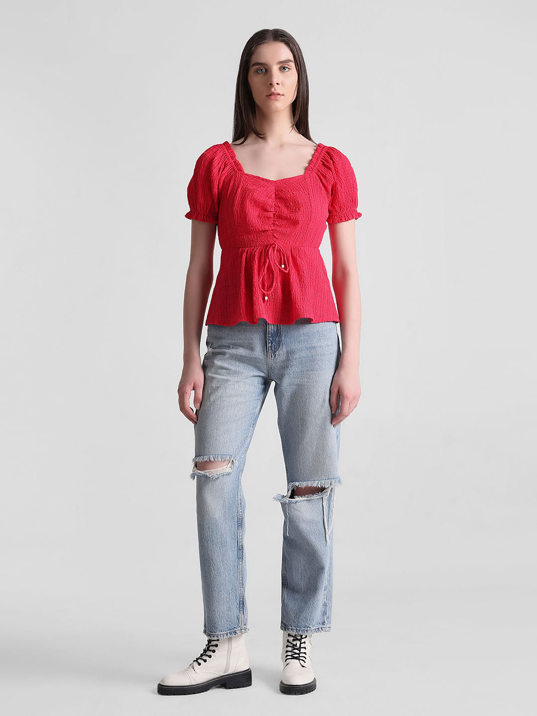 Red Textured Peplum Top