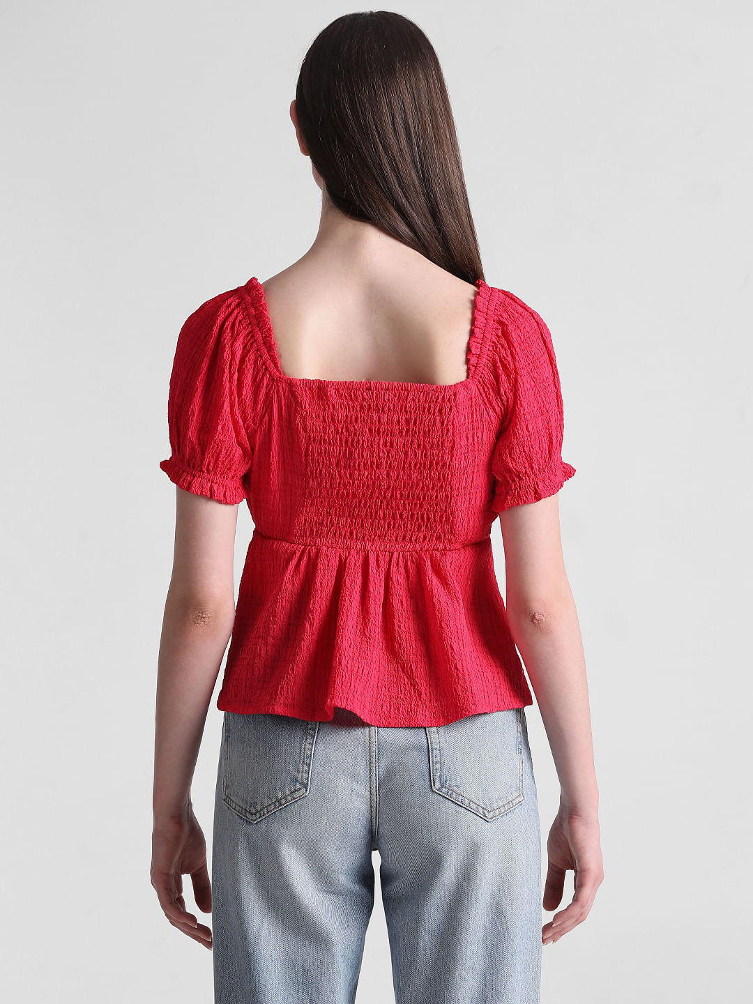 Red Textured Peplum Top