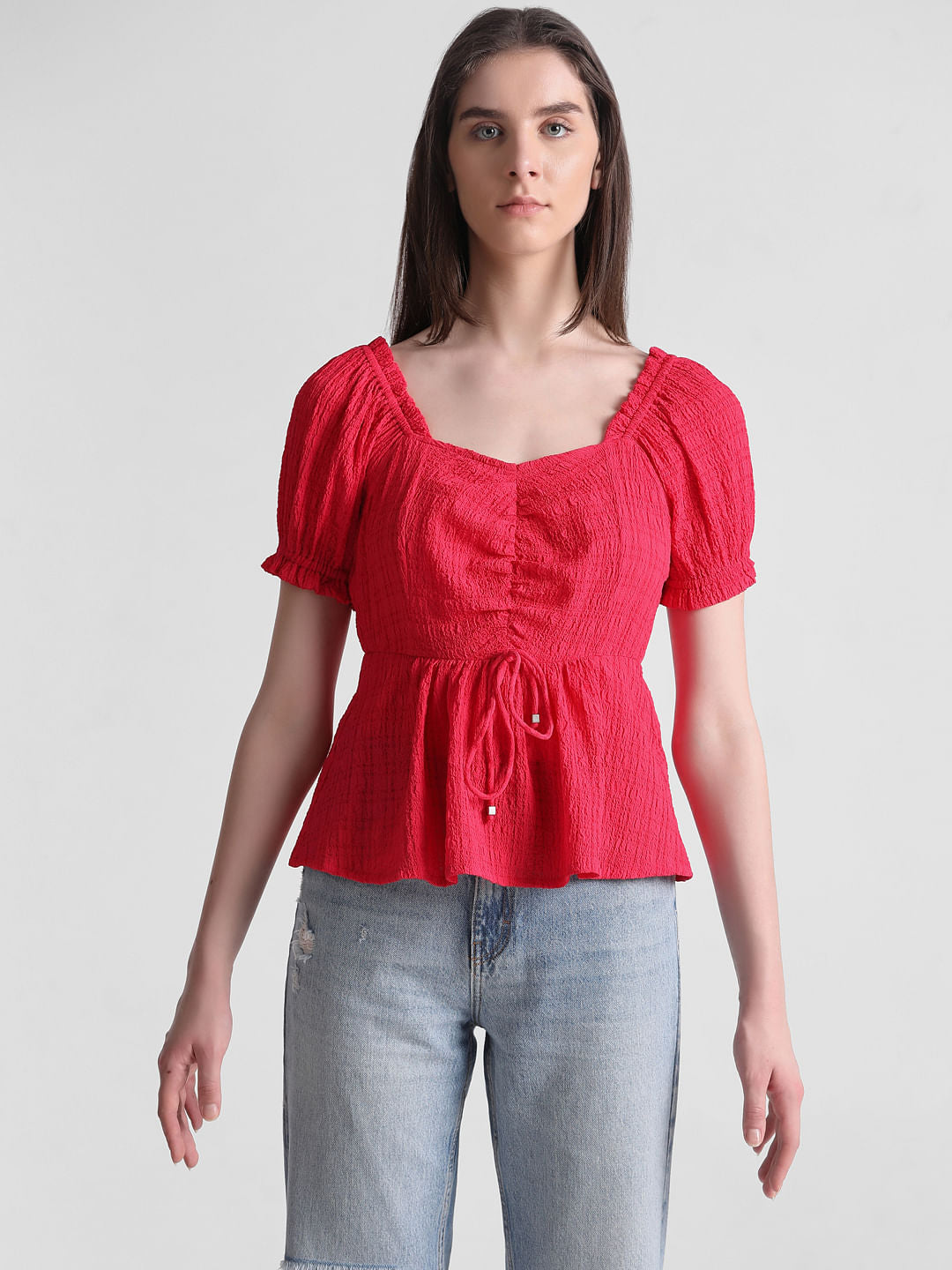 Red Textured Peplum Top