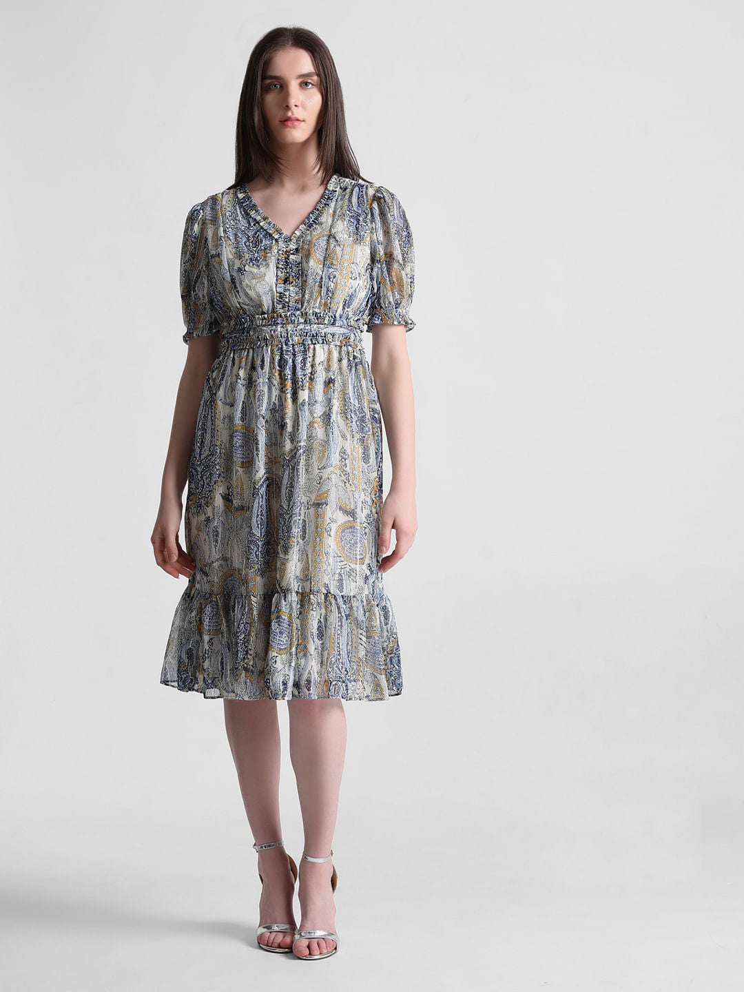 Blue Abstract Print Midi Dress