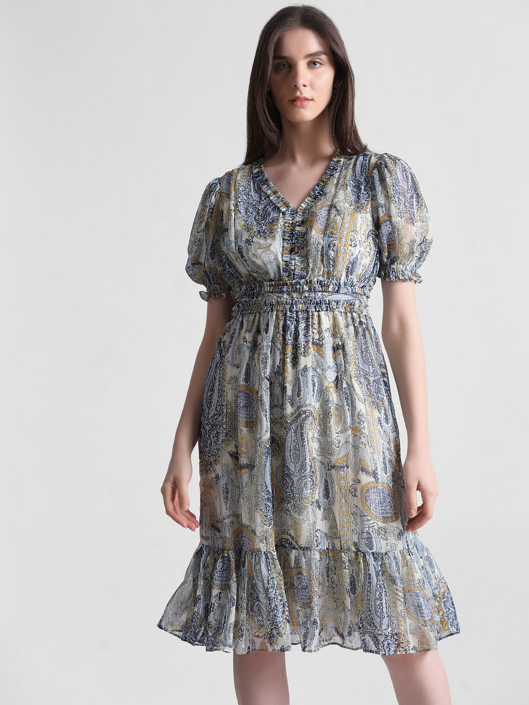 Blue Abstract Print Midi Dress