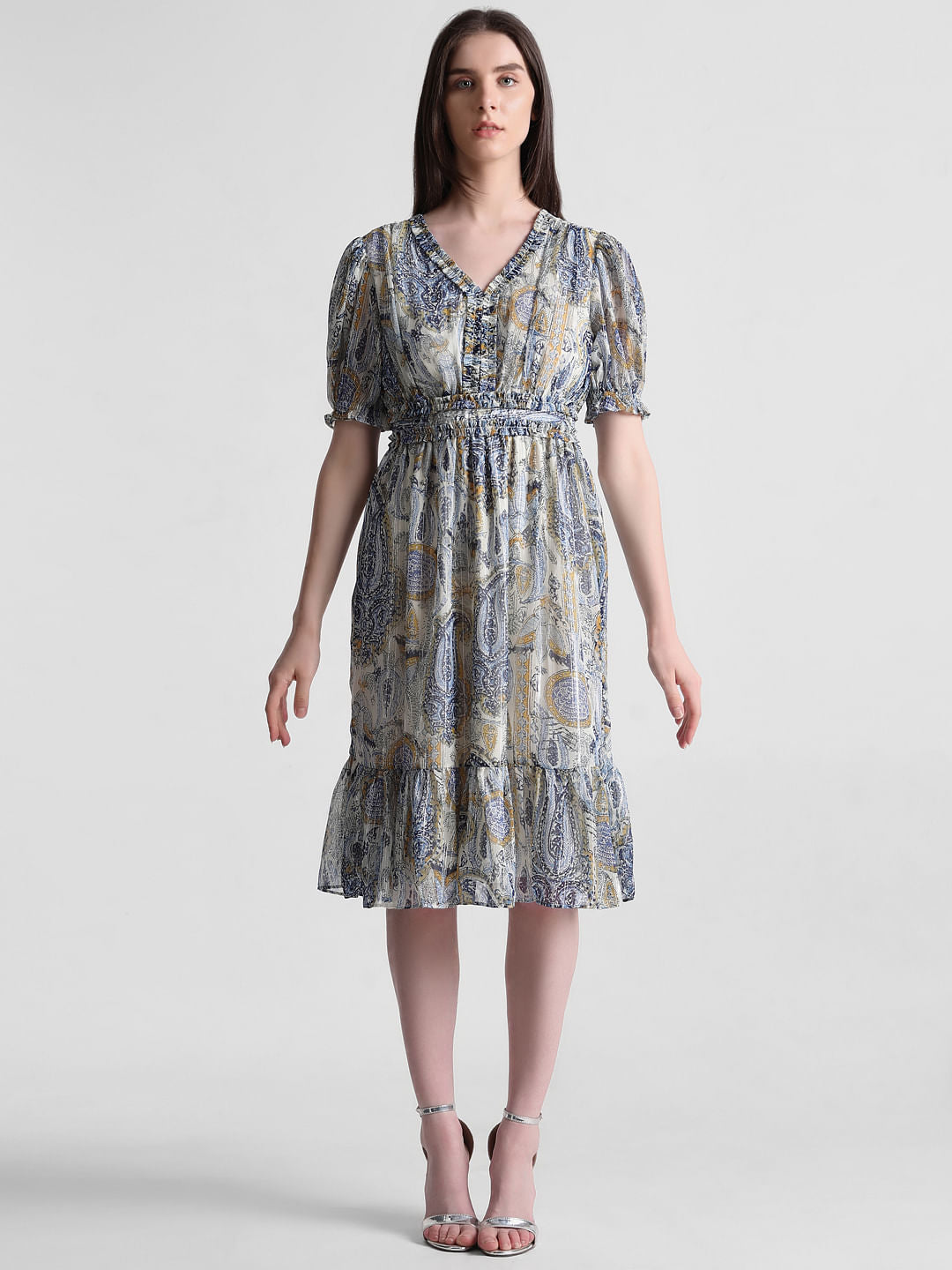 Blue Abstract Print Midi Dress