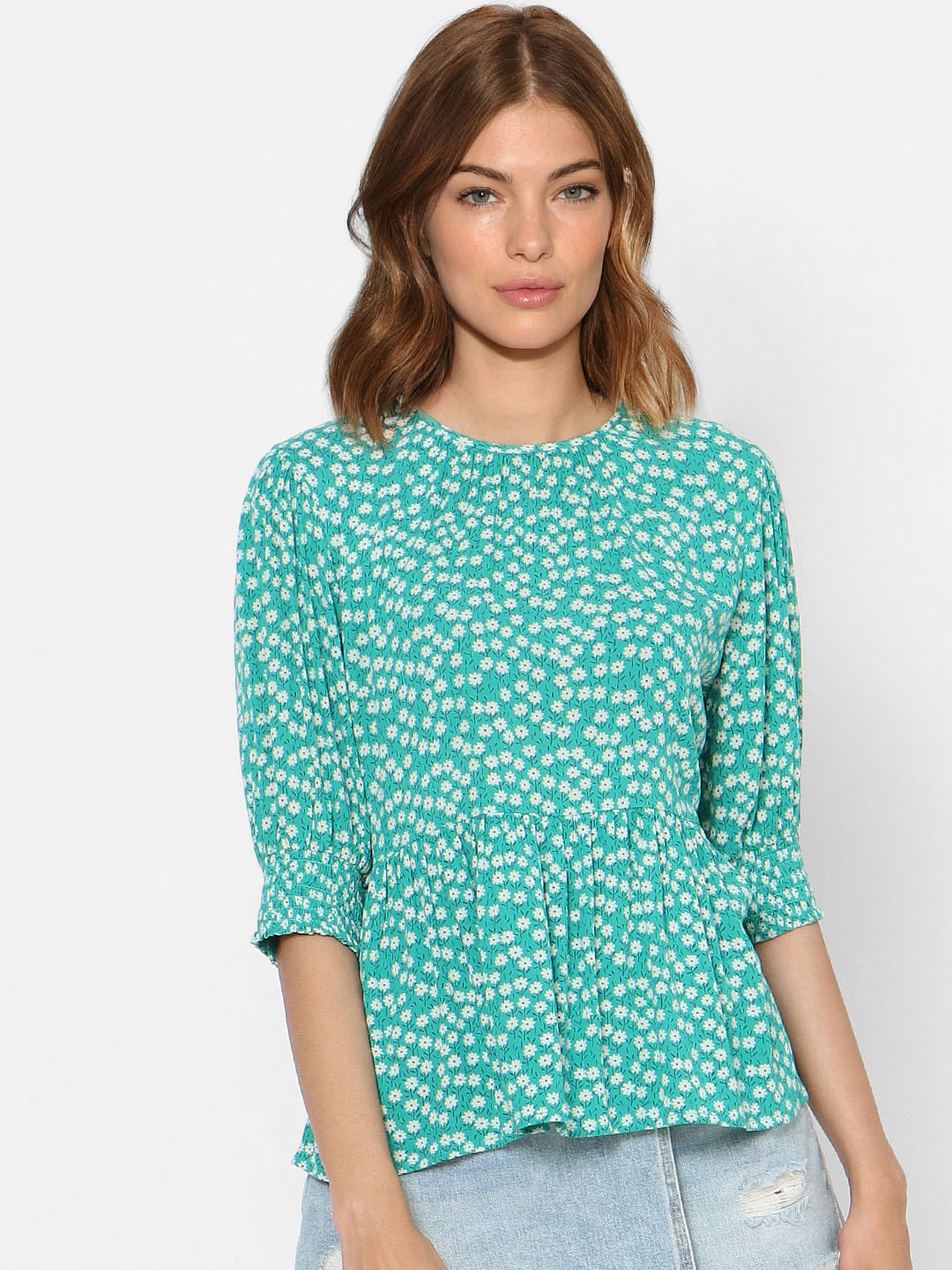 Green Floral Peplum Top