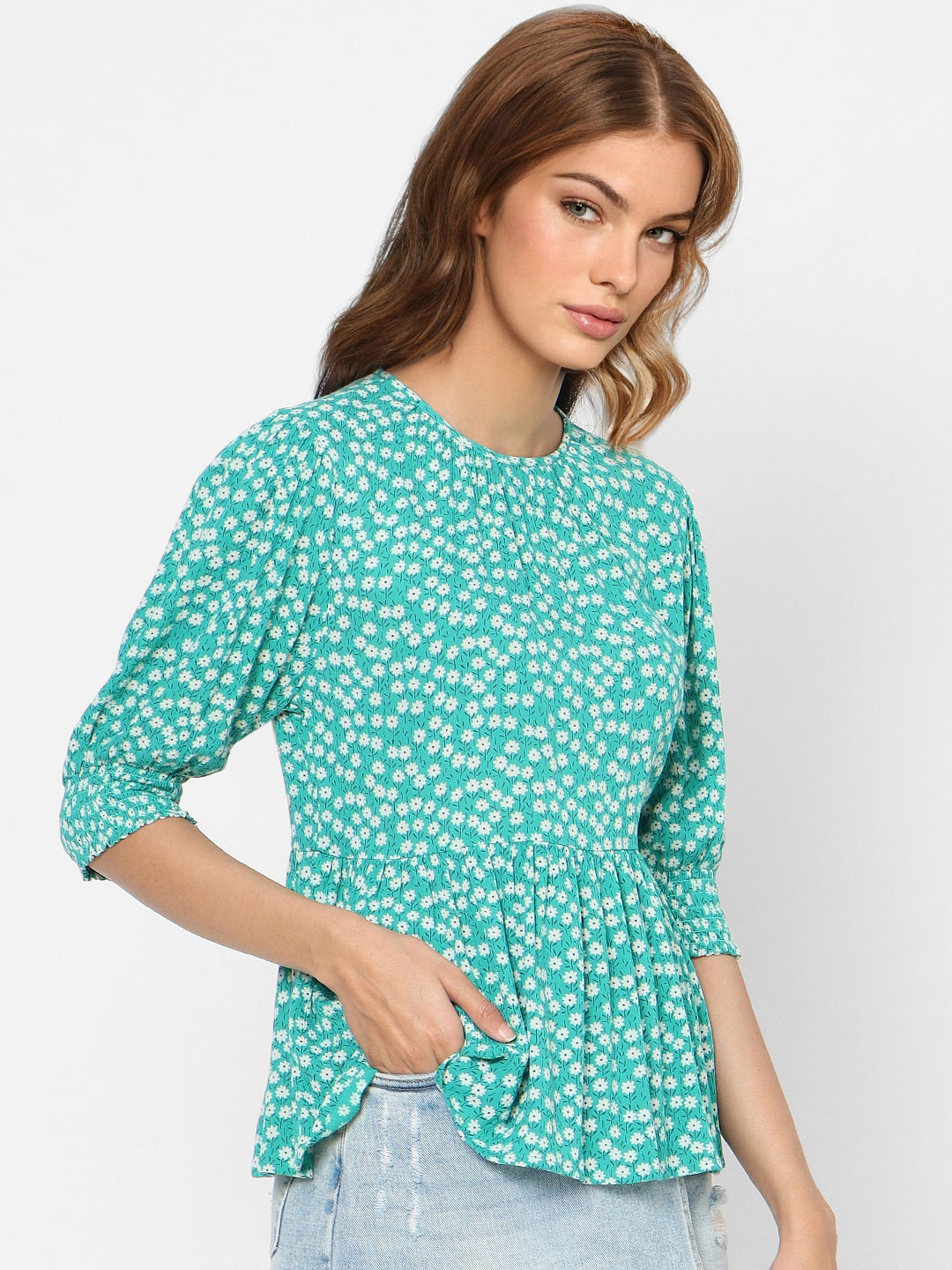 Green Floral Peplum Top