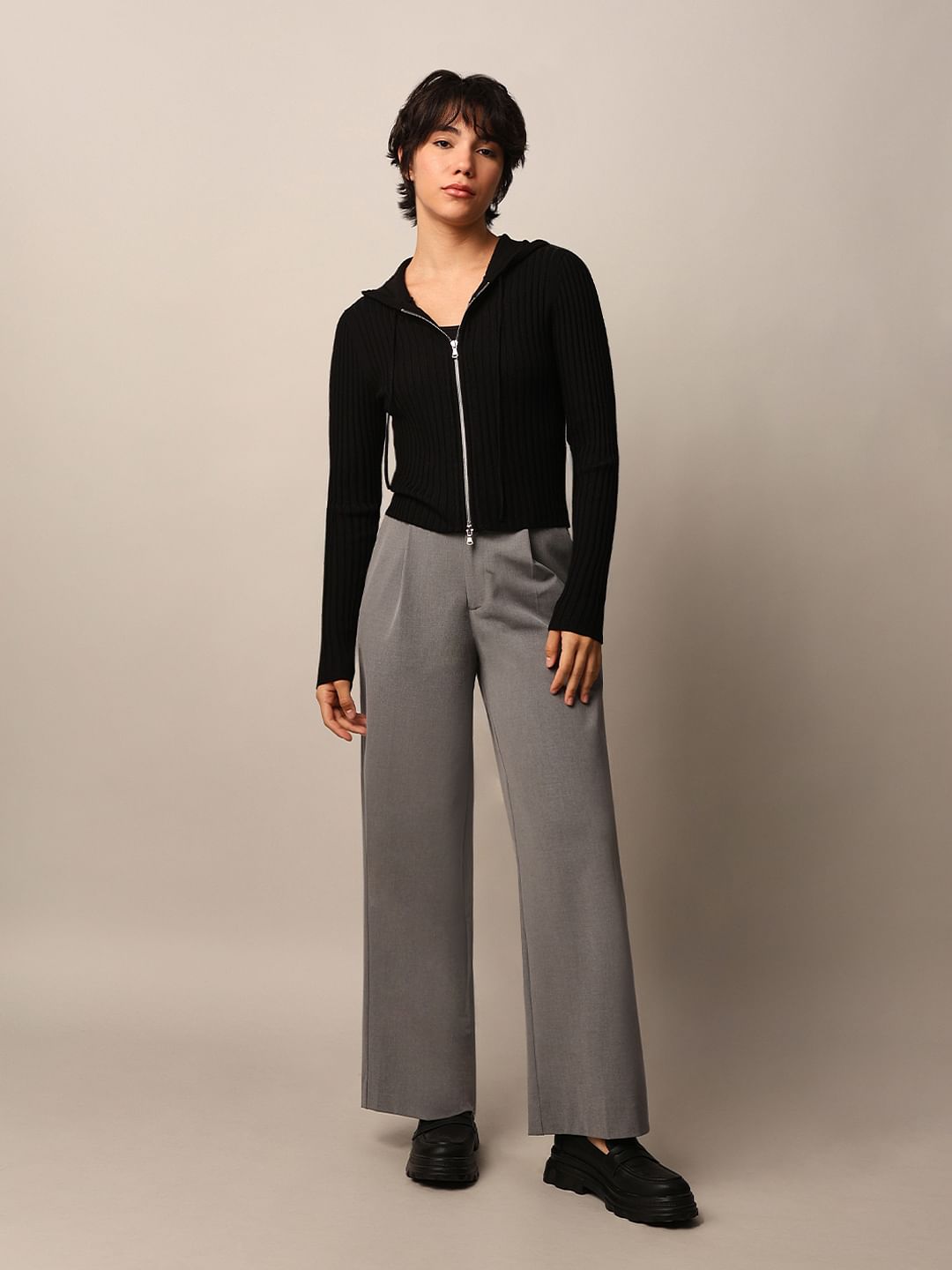 Black Ribbed Hooded Pullover