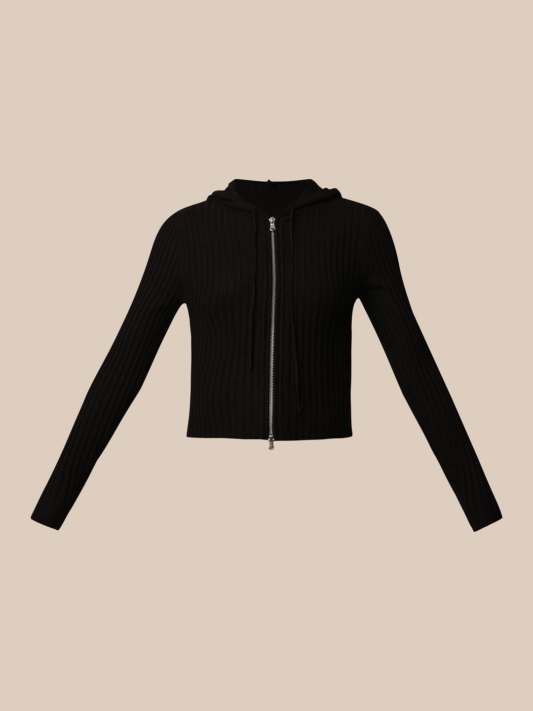 Black Ribbed Hooded Pullover