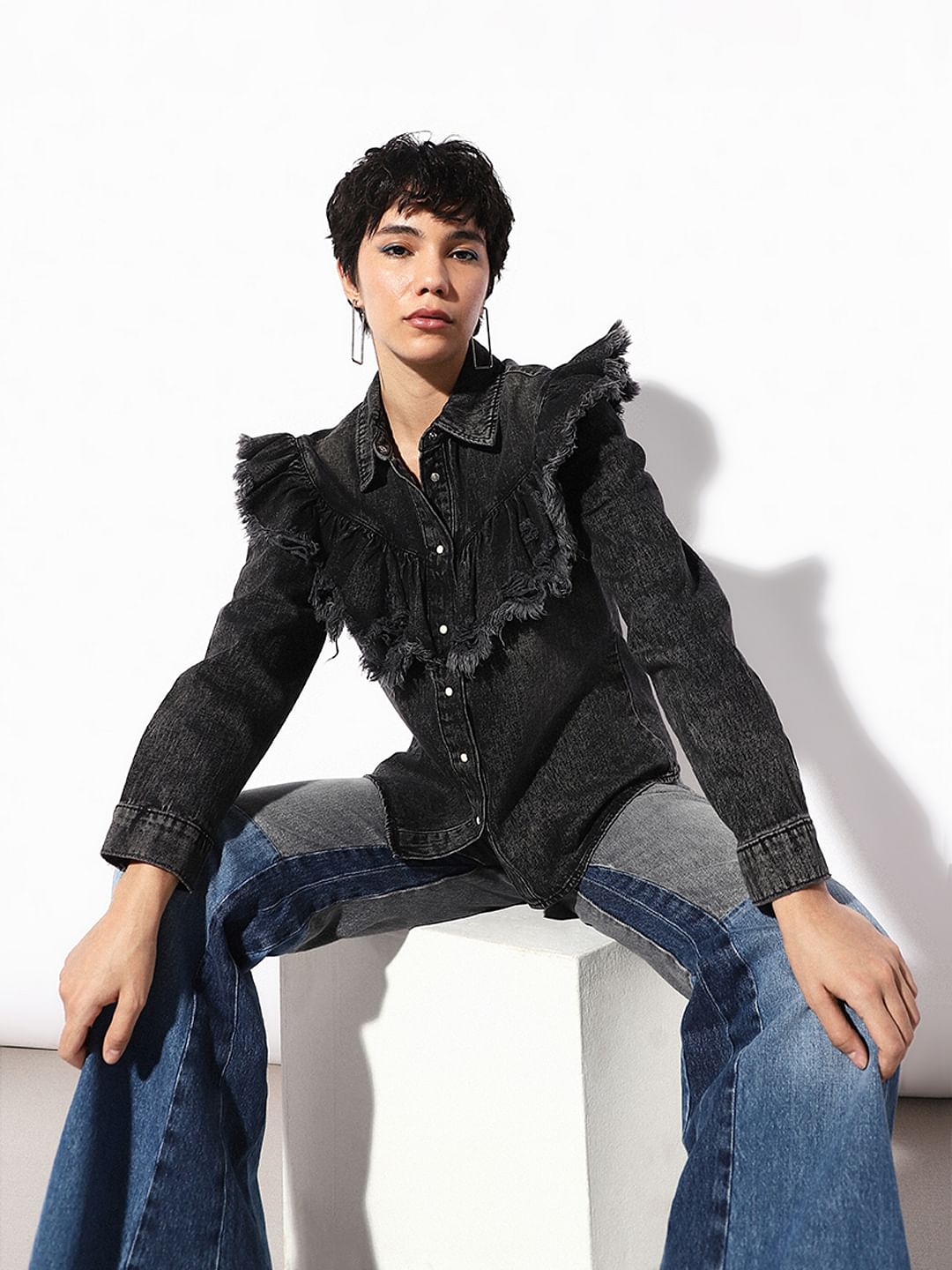 Black Frill Washed Denim Shirt - Main Image