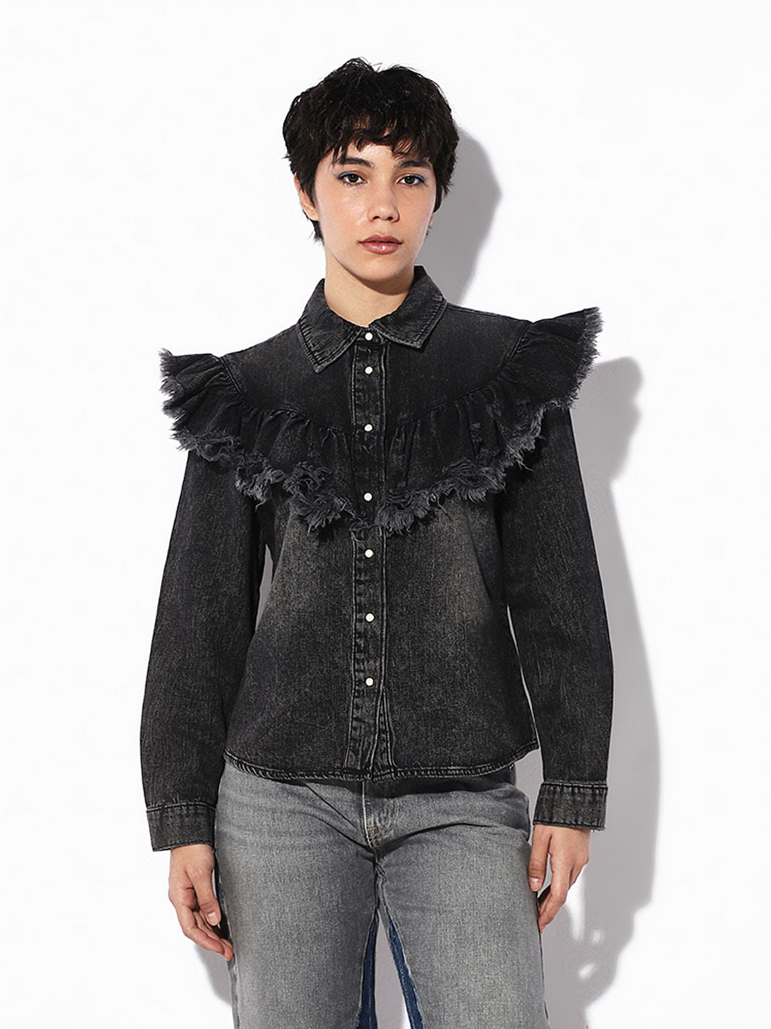 Black Frill Washed Denim Shirt