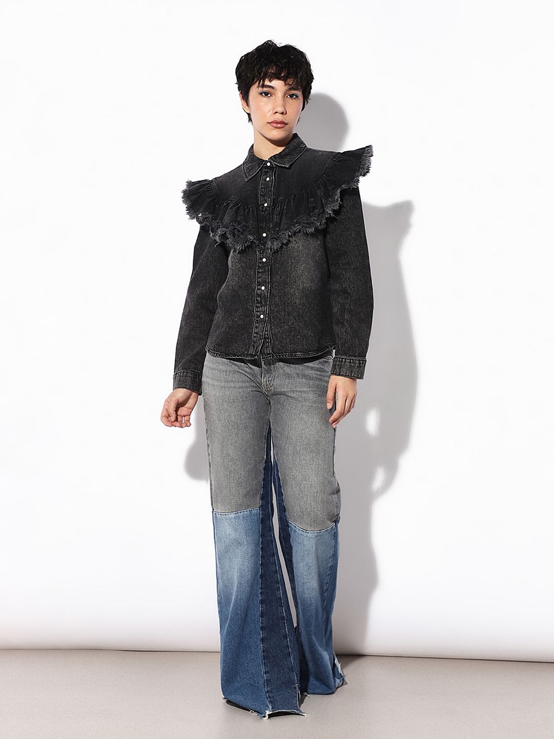 Black Frill Washed Denim Shirt
