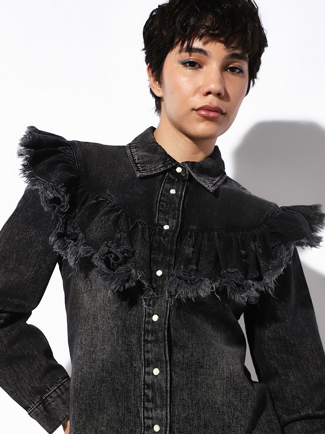 Black Frill Washed Denim Shirt