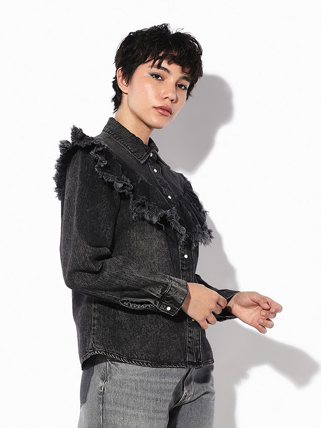 Black Frill Washed Denim Shirt