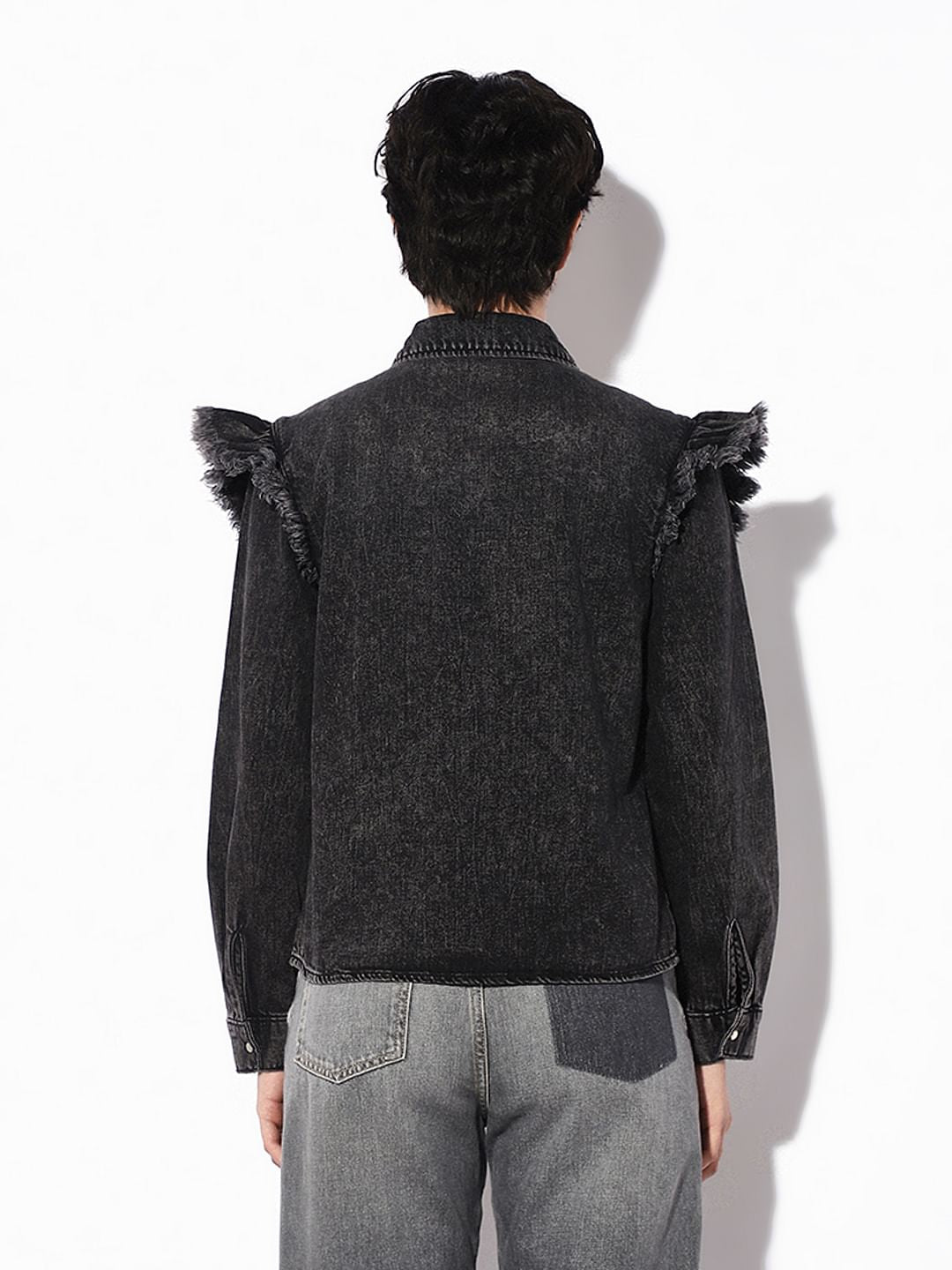 Black Frill Washed Denim Shirt