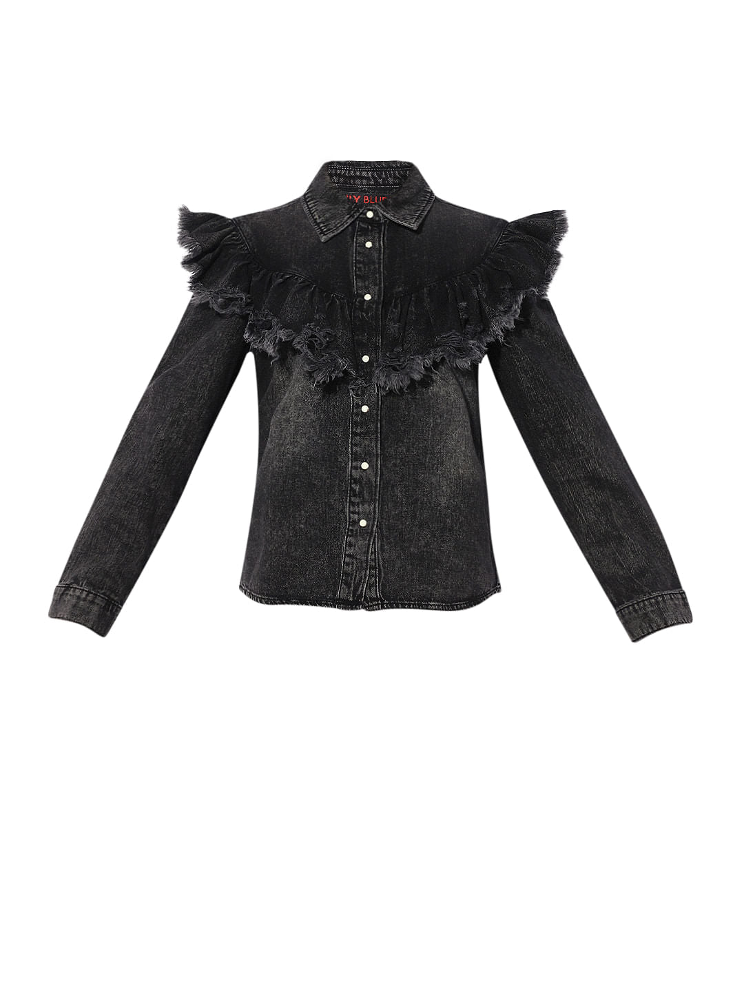 Black Frill Washed Denim Shirt