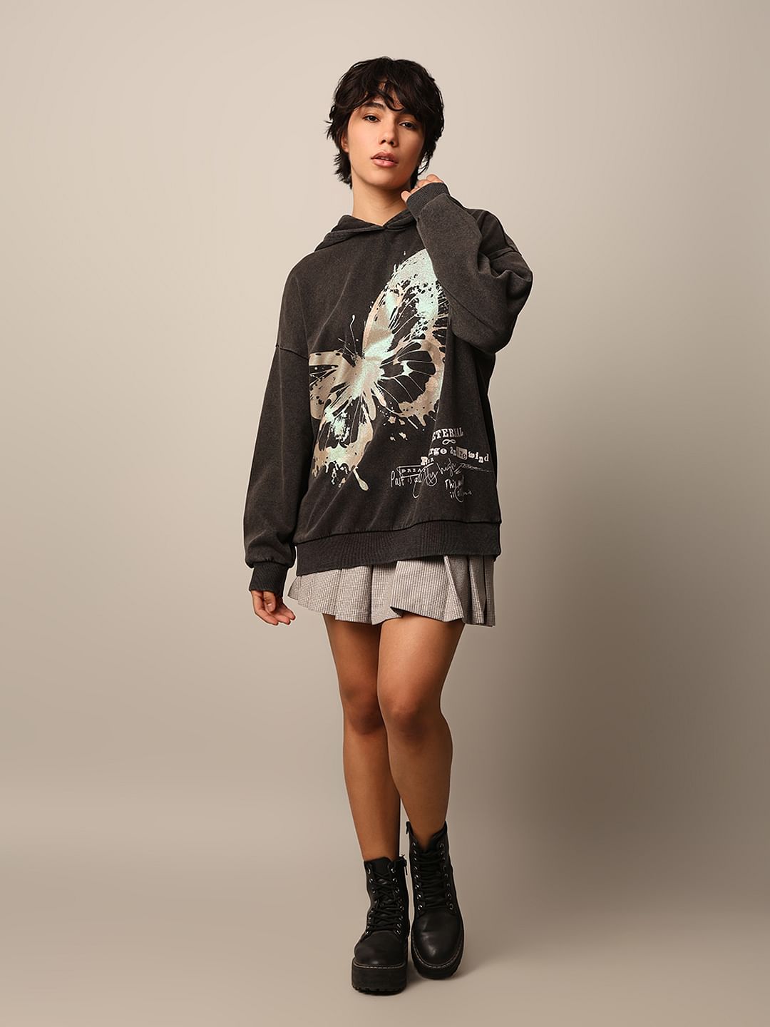 Black Printed Oversized Hoodie