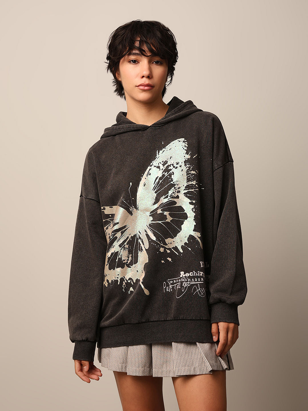 Black Printed Oversized Hoodie