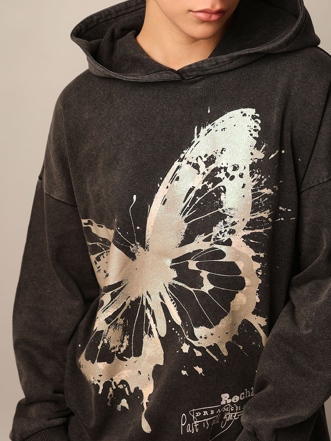 Black Printed Oversized Hoodie