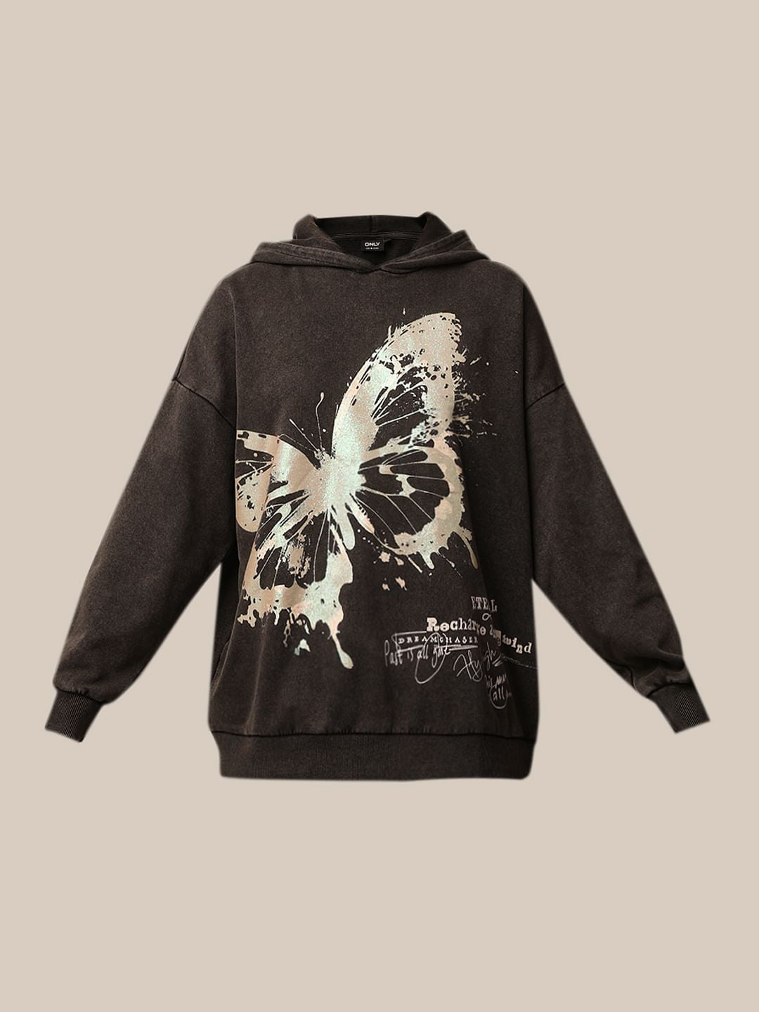 Black Printed Oversized Hoodie