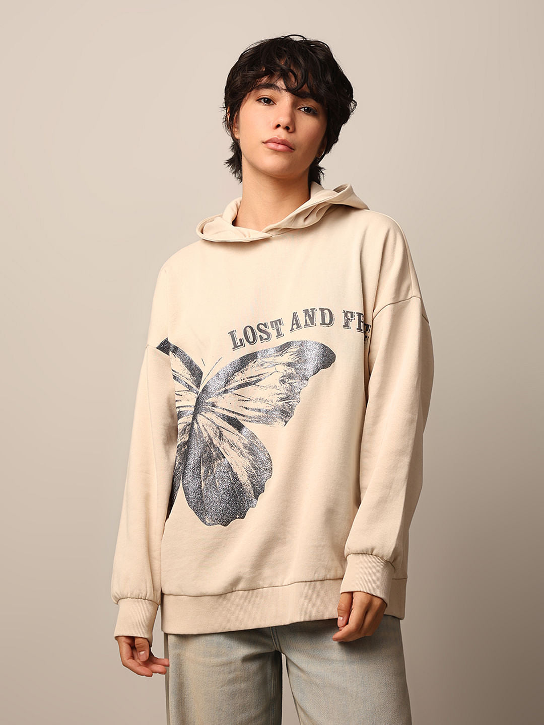 Beige Printed Oversized Hoodie