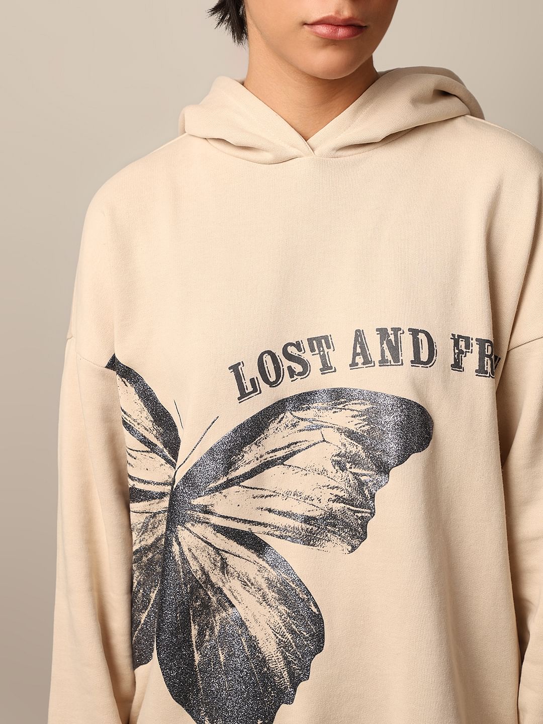 Beige Printed Oversized Hoodie