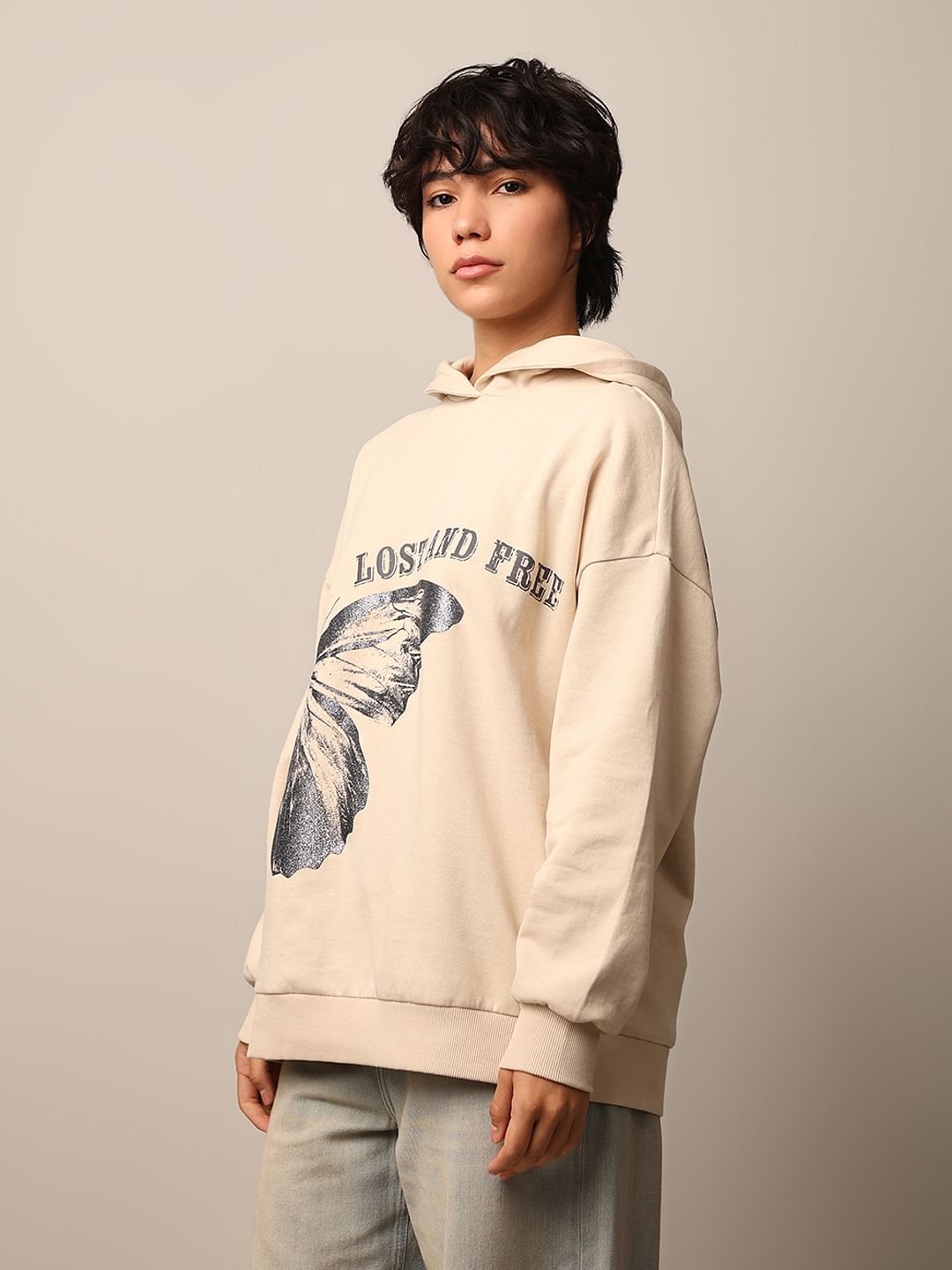 Beige Printed Oversized Hoodie