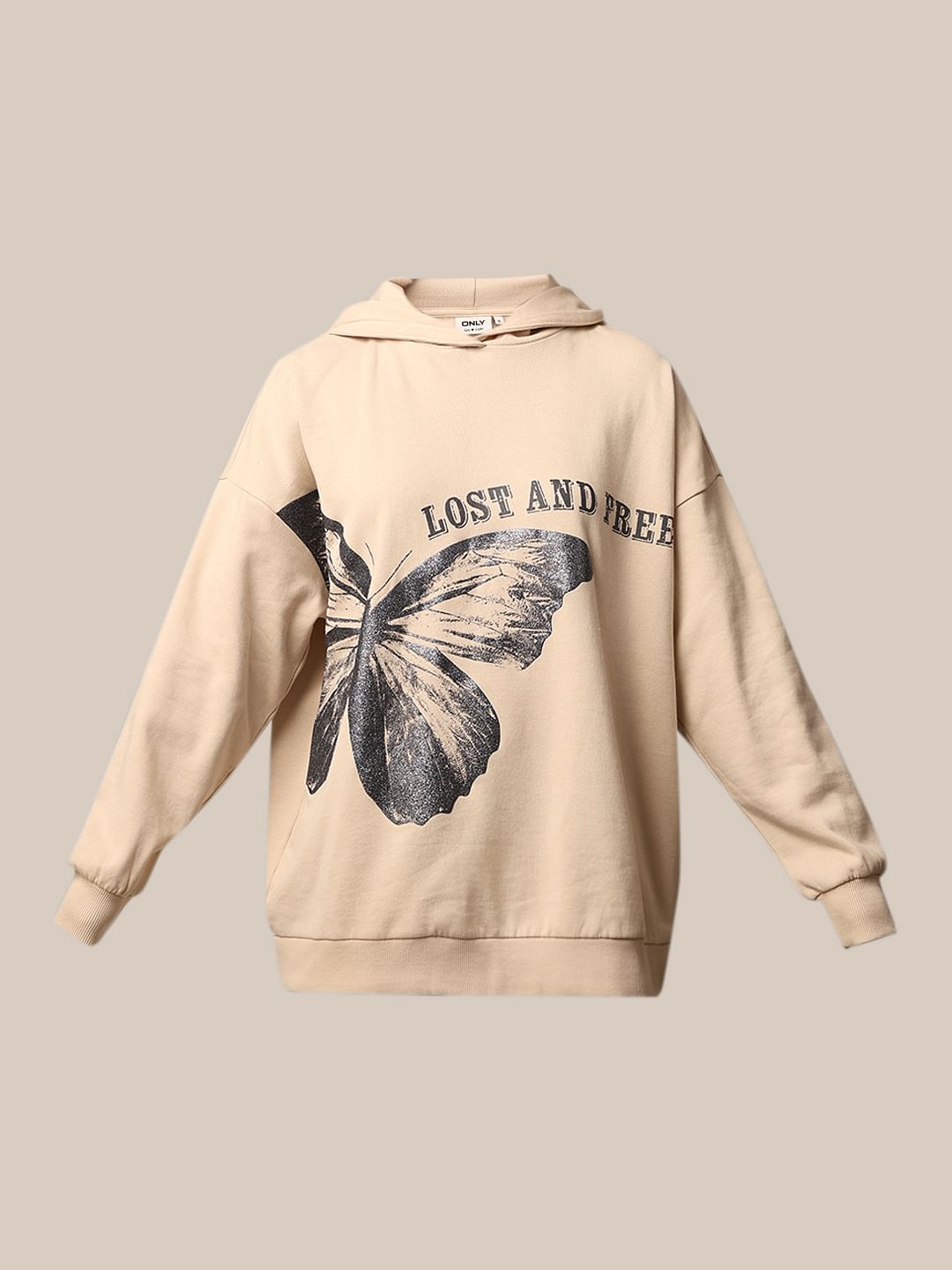Beige Printed Oversized Hoodie