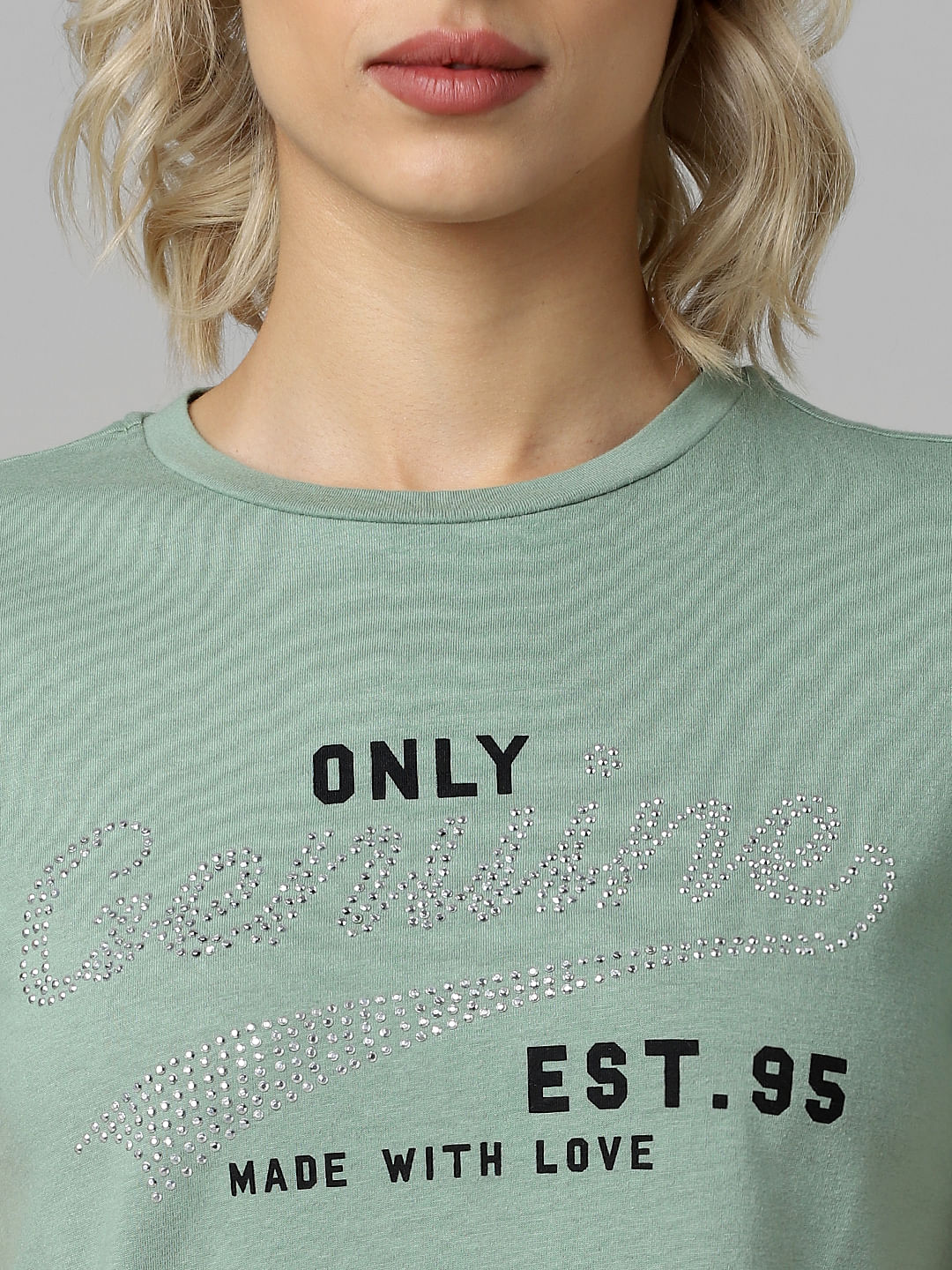 Green Embellished Text Print T-Shirt