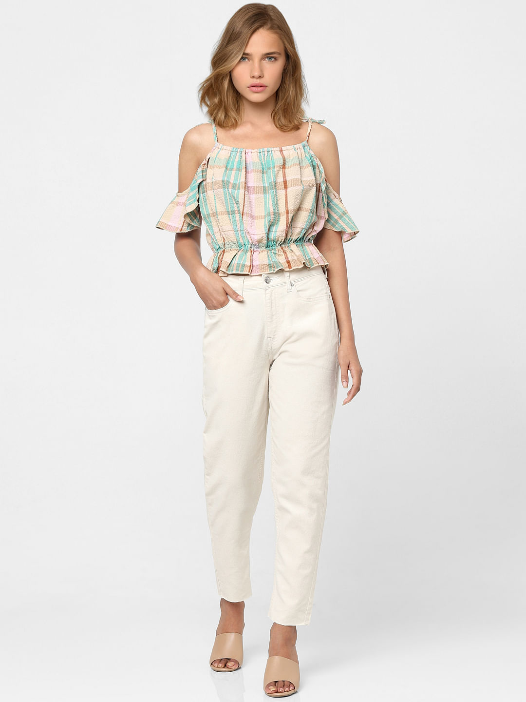 Beige Check Cold Shoulder Top