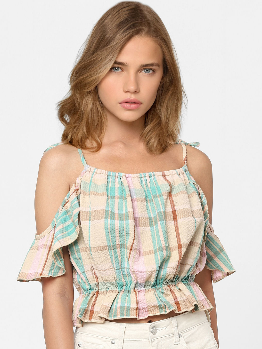 Beige Check Cold Shoulder Top