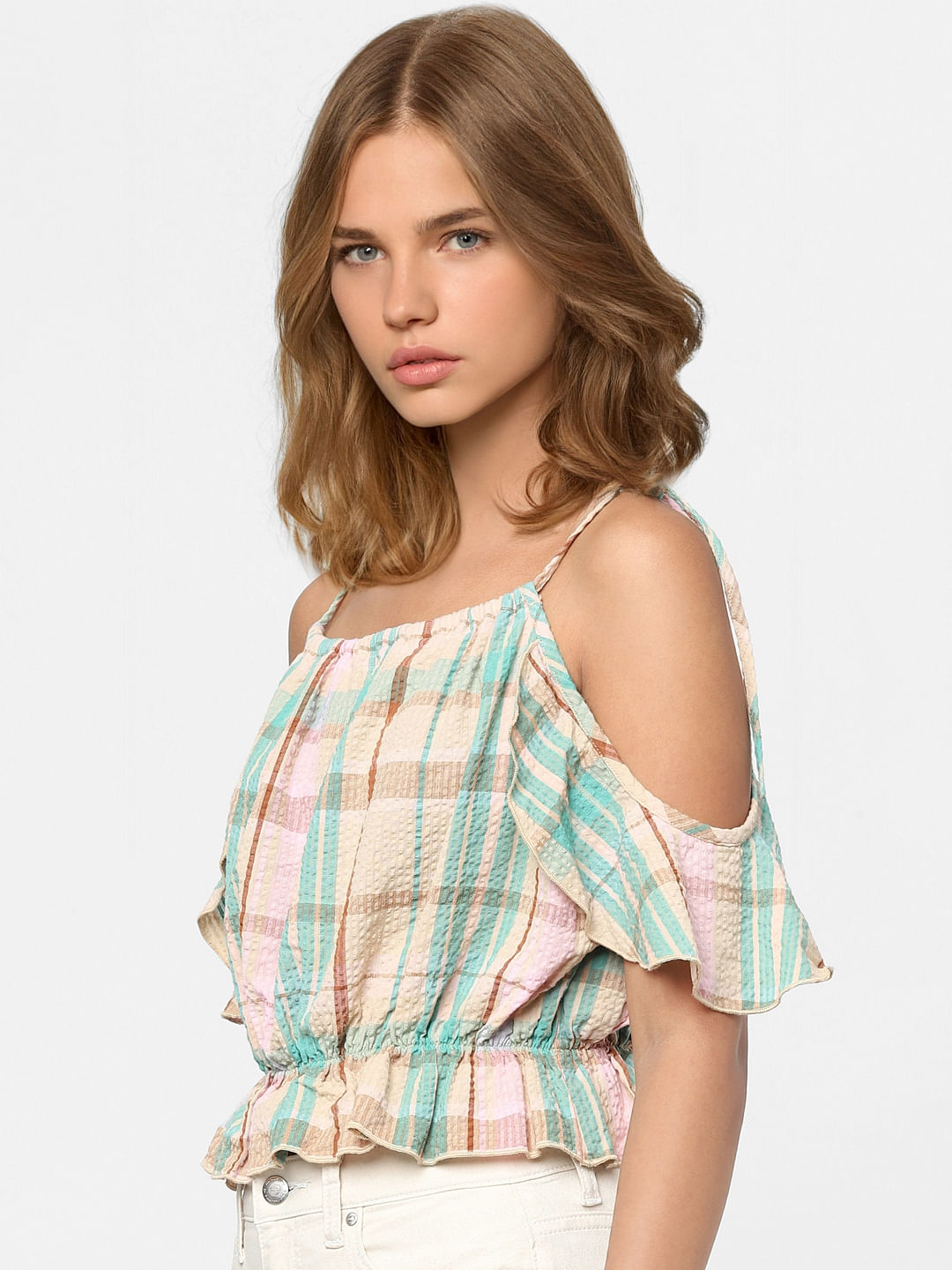 Beige Check Cold Shoulder Top