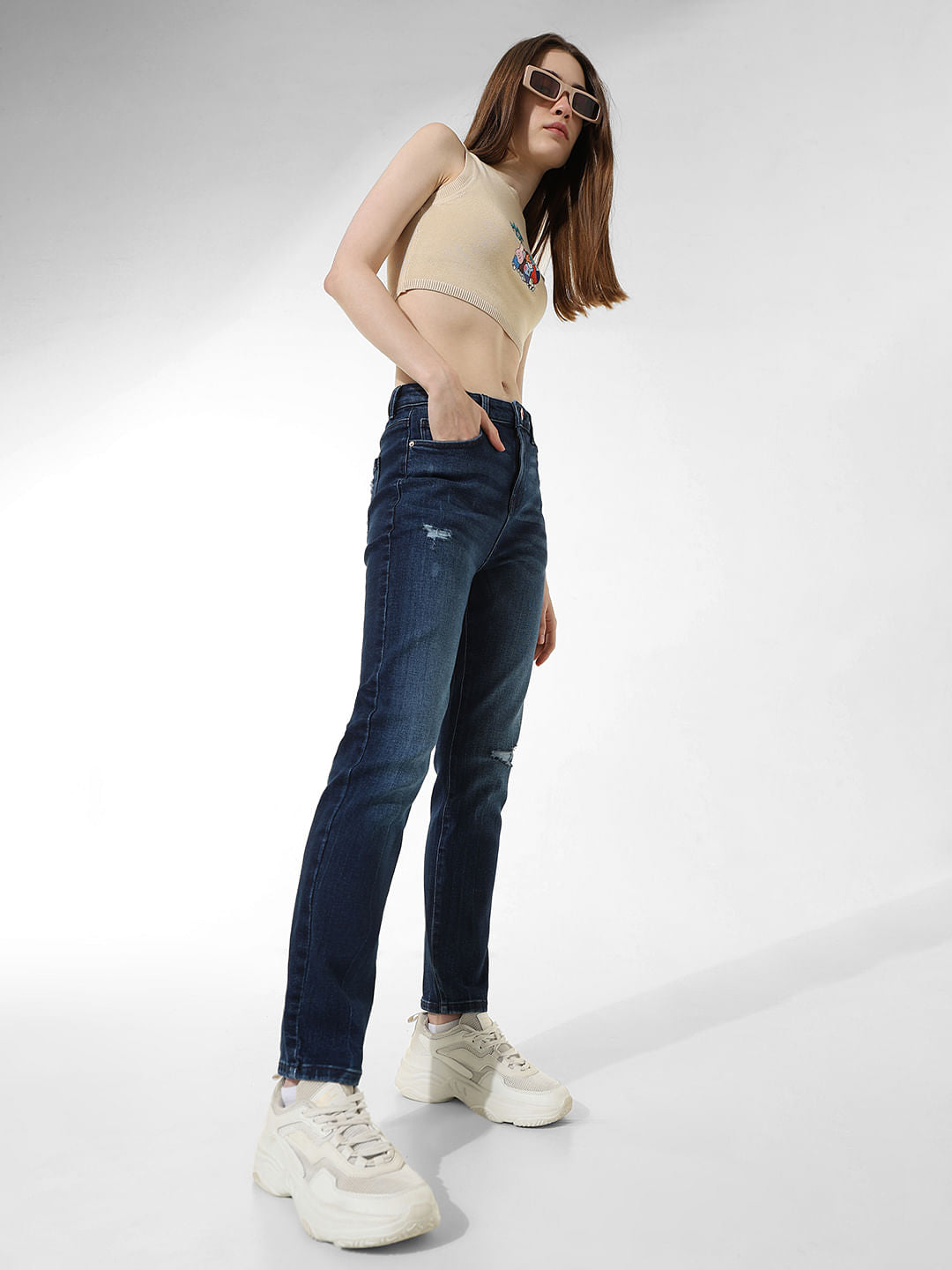 Dark Blue Mid Rise Distressed Slim Jeans