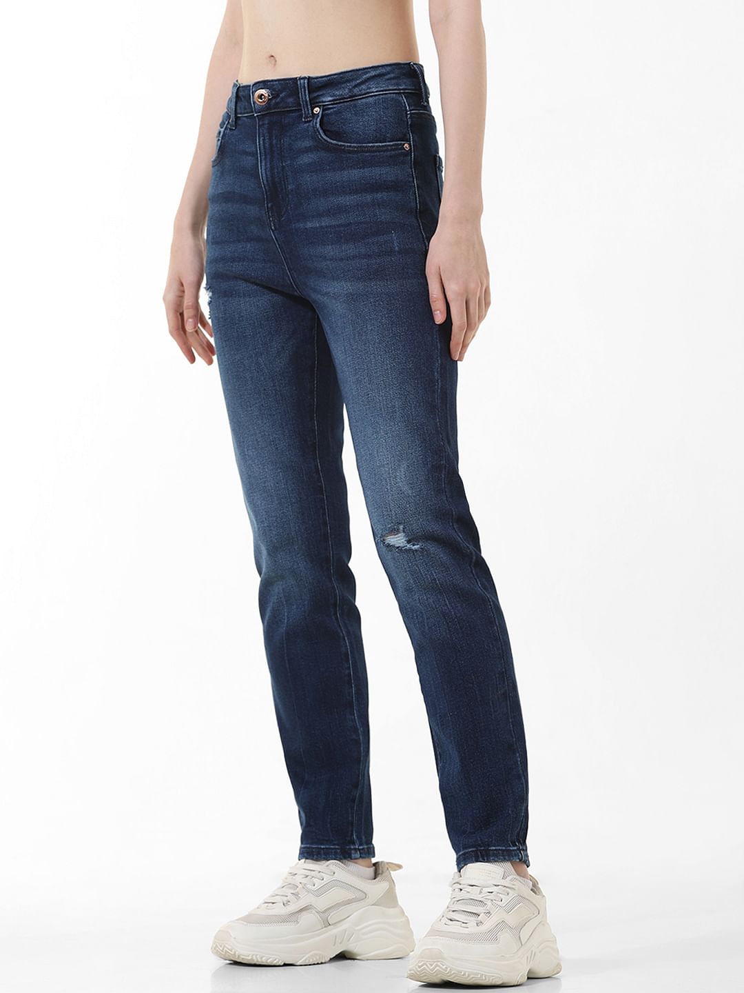 Dark Blue Mid Rise Distressed Slim Jeans