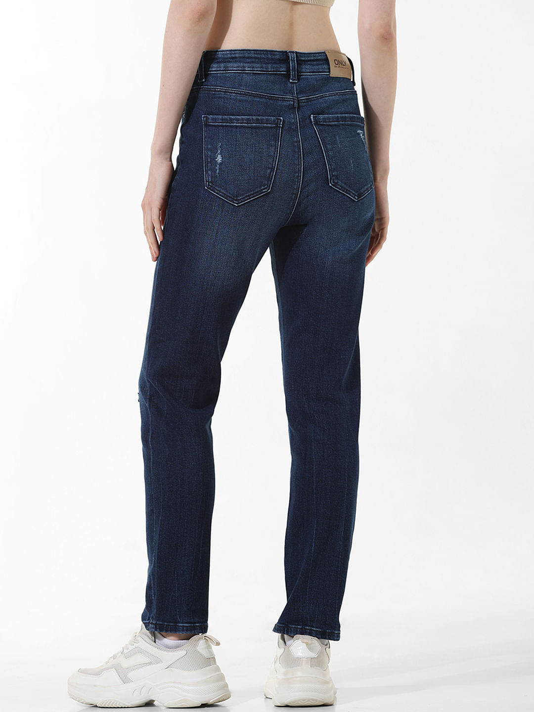 Dark Blue Mid Rise Distressed Slim Jeans
