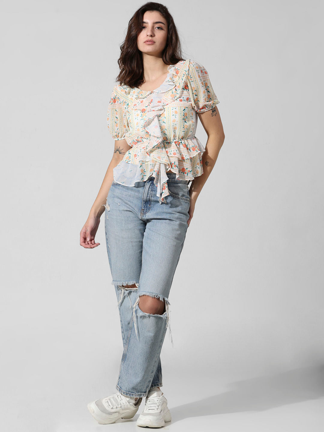 White Printed Frill Trimmed Top