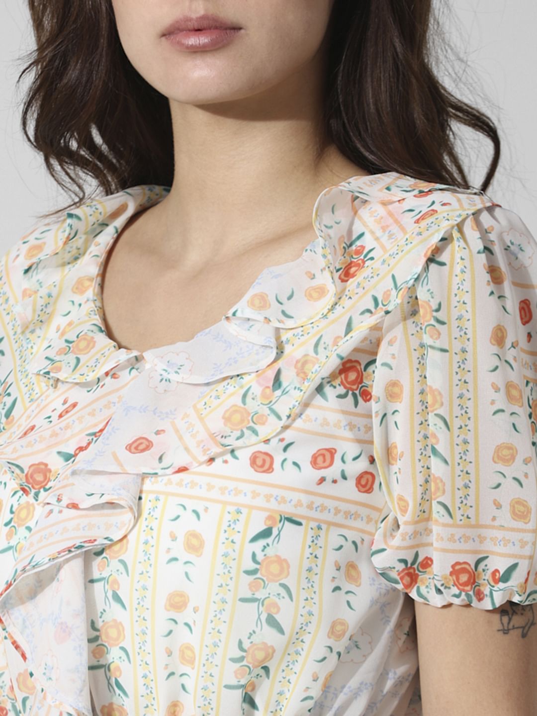 White Printed Frill Trimmed Top