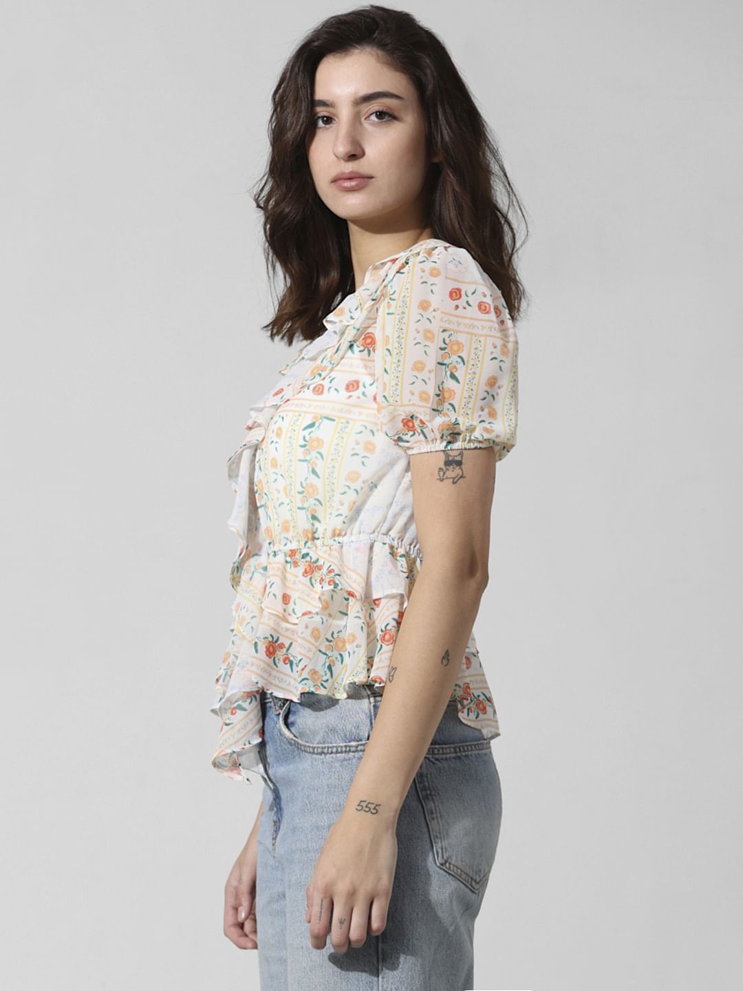 White Printed Frill Trimmed Top