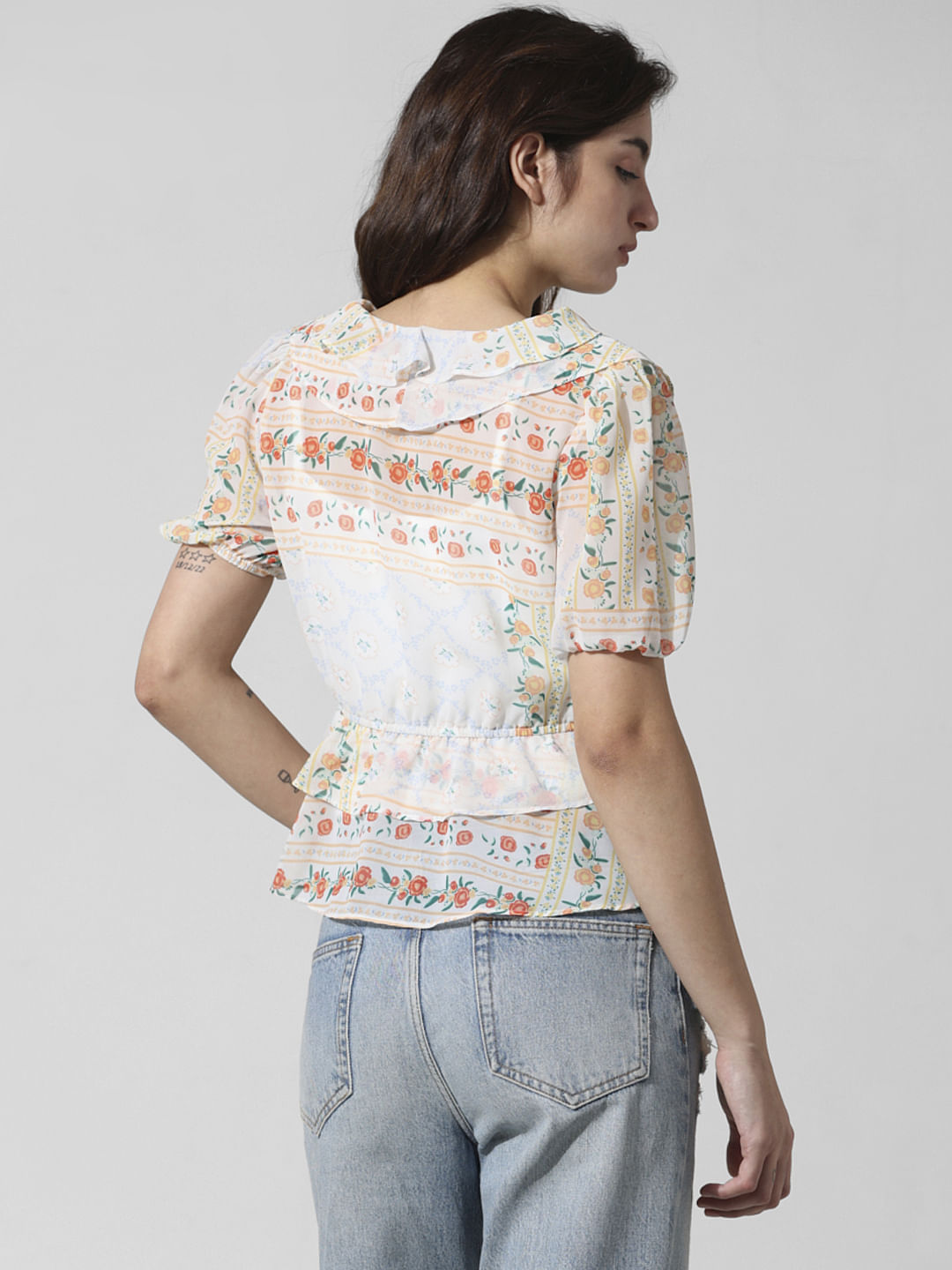White Printed Frill Trimmed Top