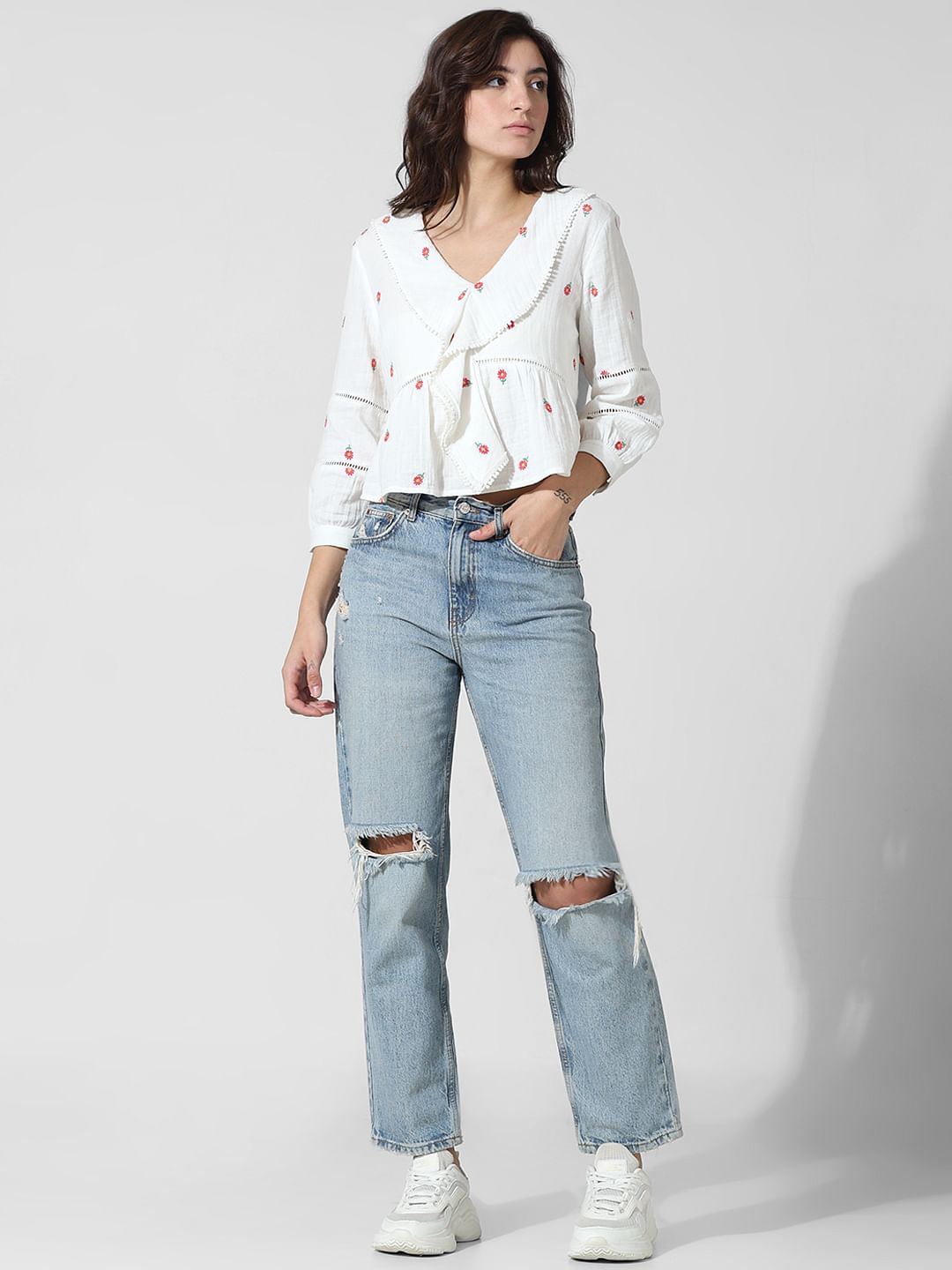 White Floral Embroidered Top