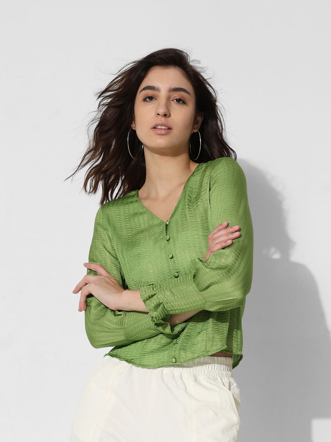 Green Satin V-Neck Top