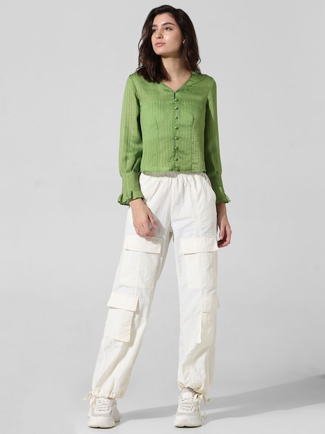 Green Satin V-Neck Top