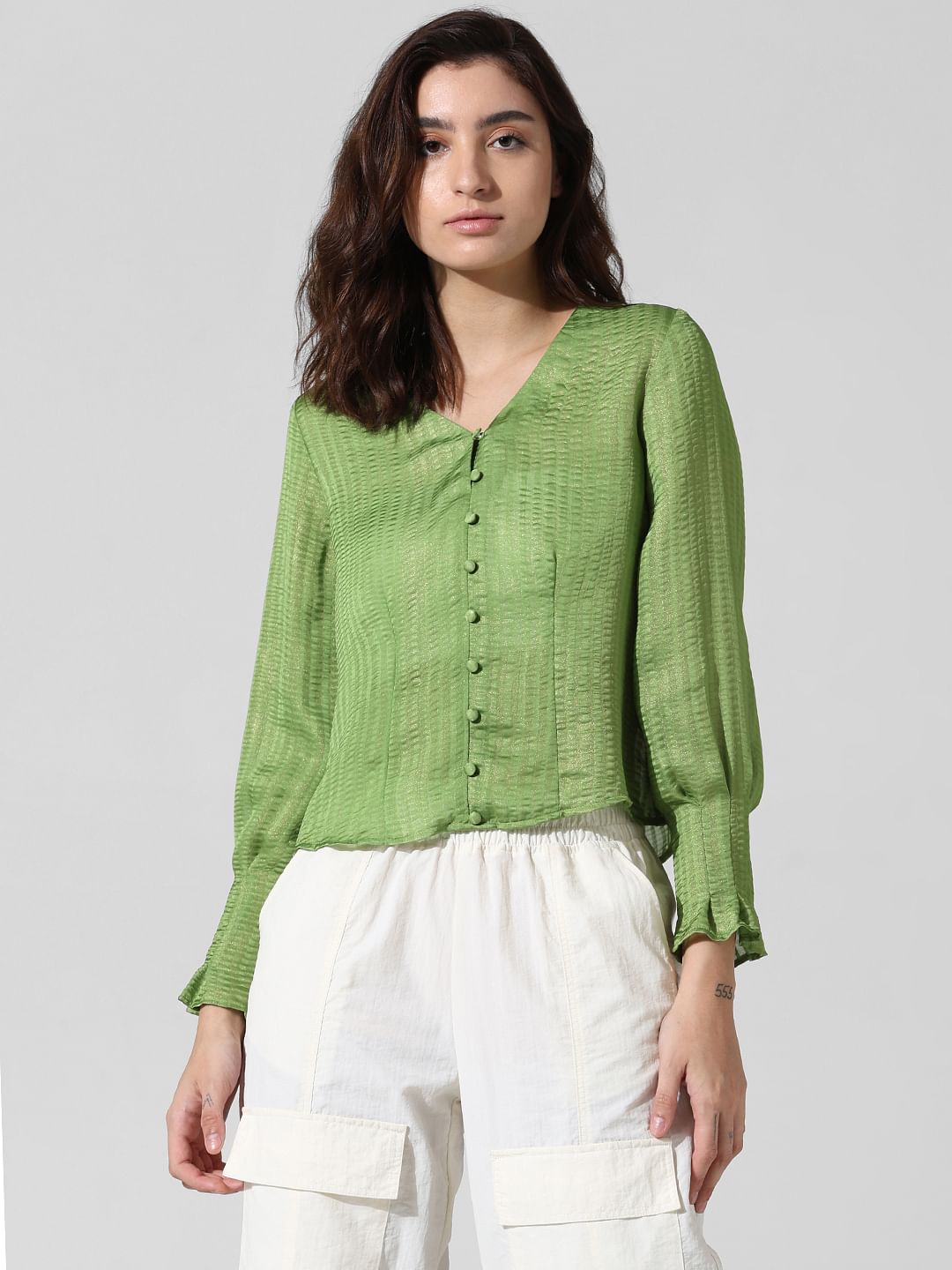 Green Satin V-Neck Top