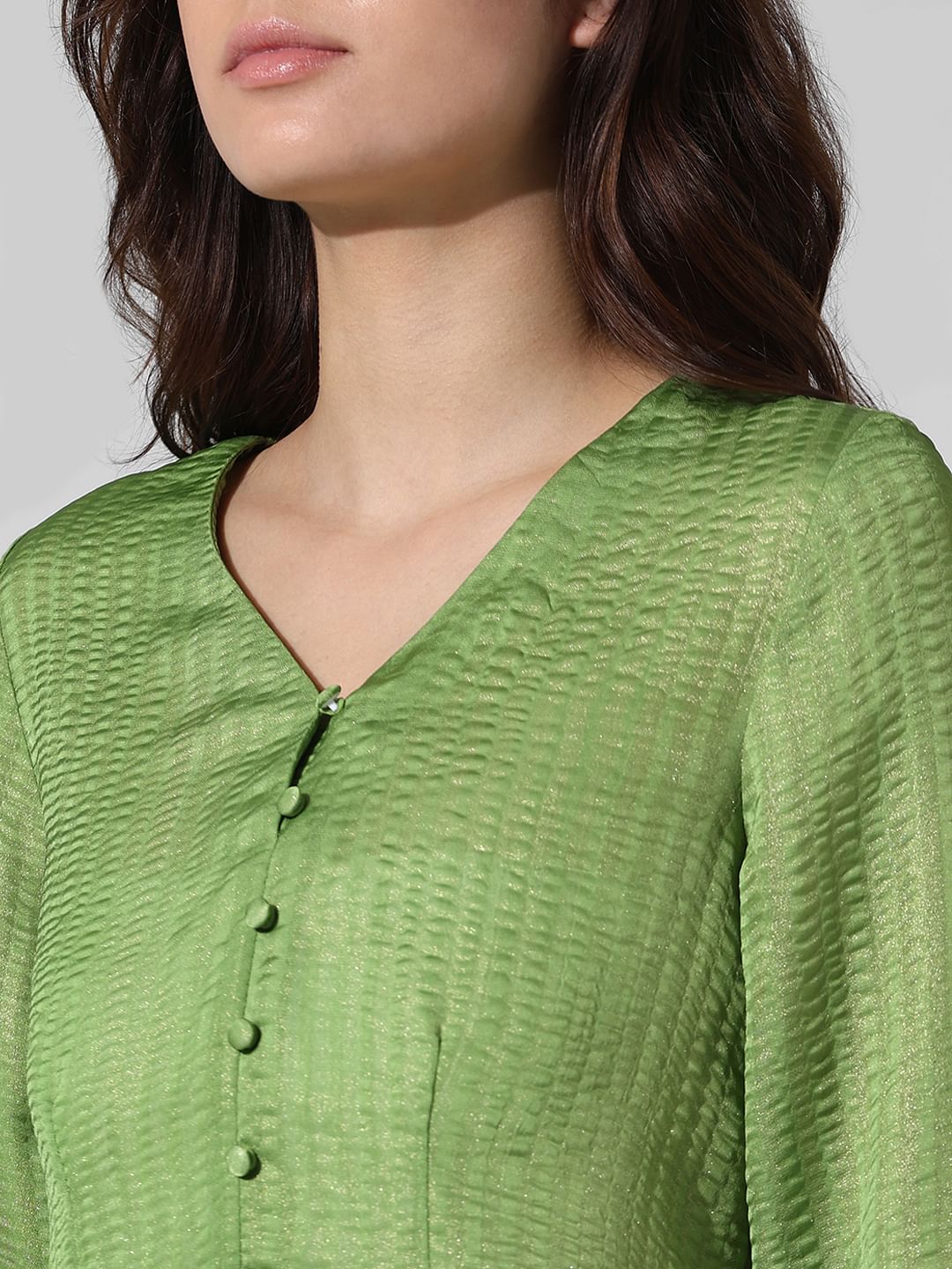 Green Satin V-Neck Top