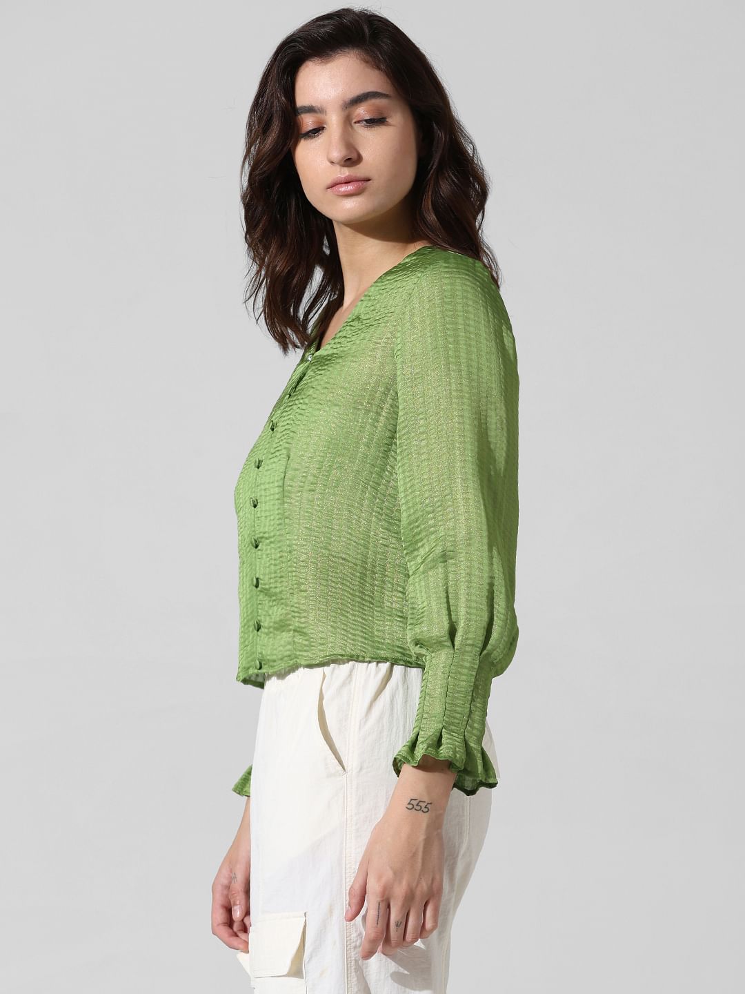 Green Satin V-Neck Top