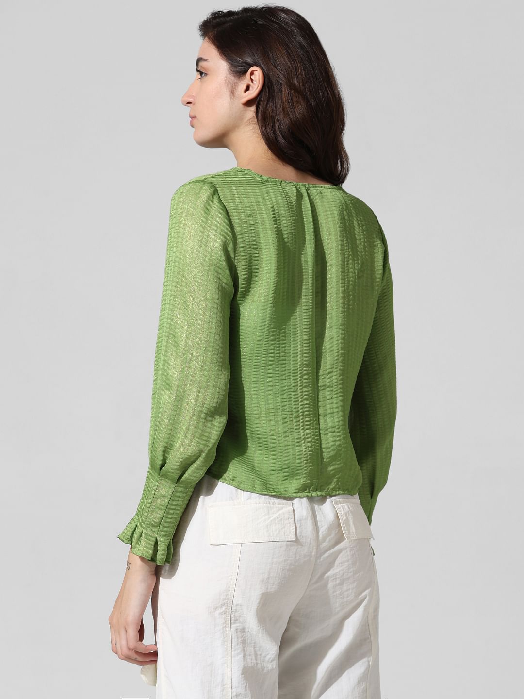 Green Satin V-Neck Top