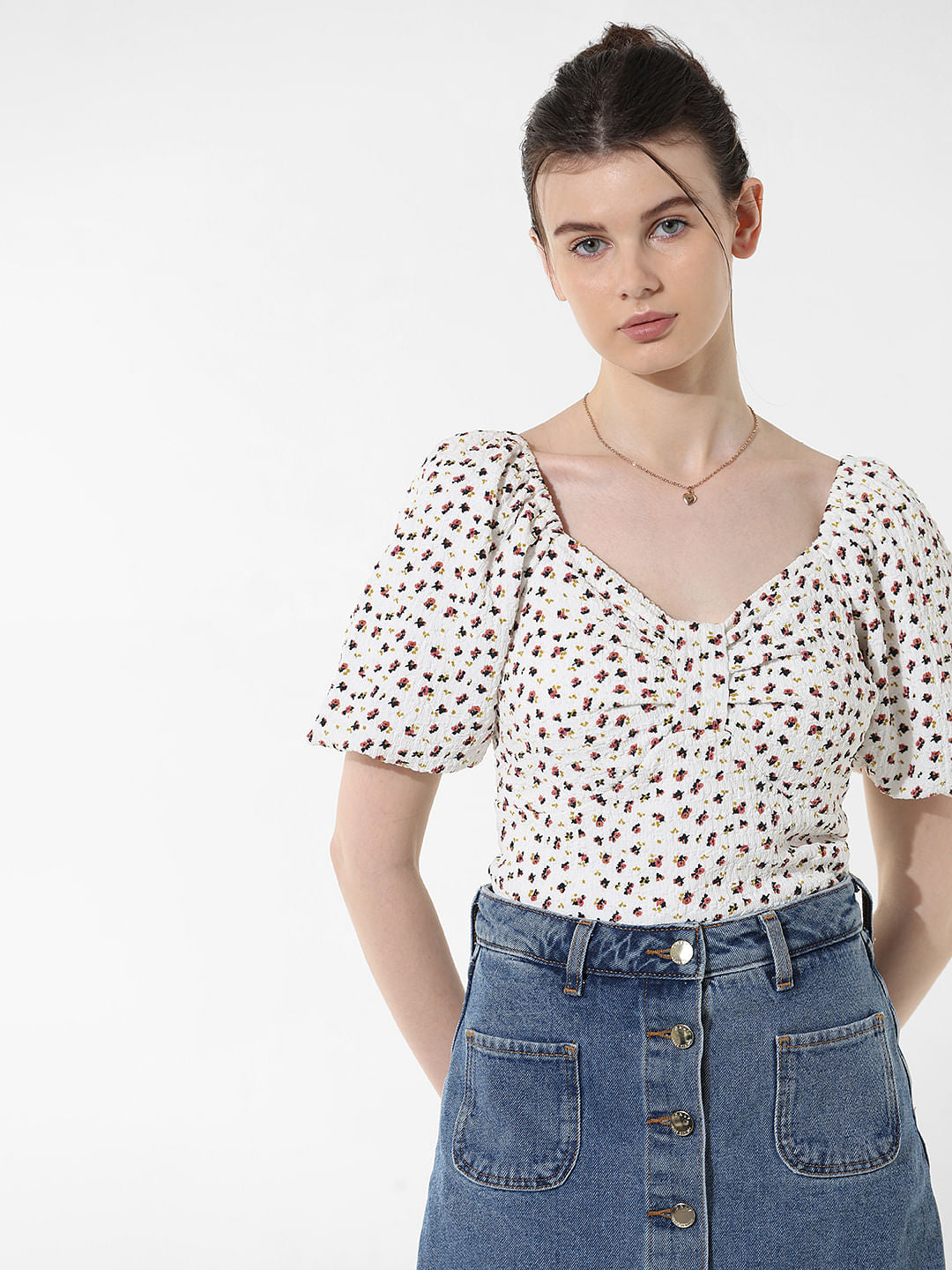 White Printed Textured Top