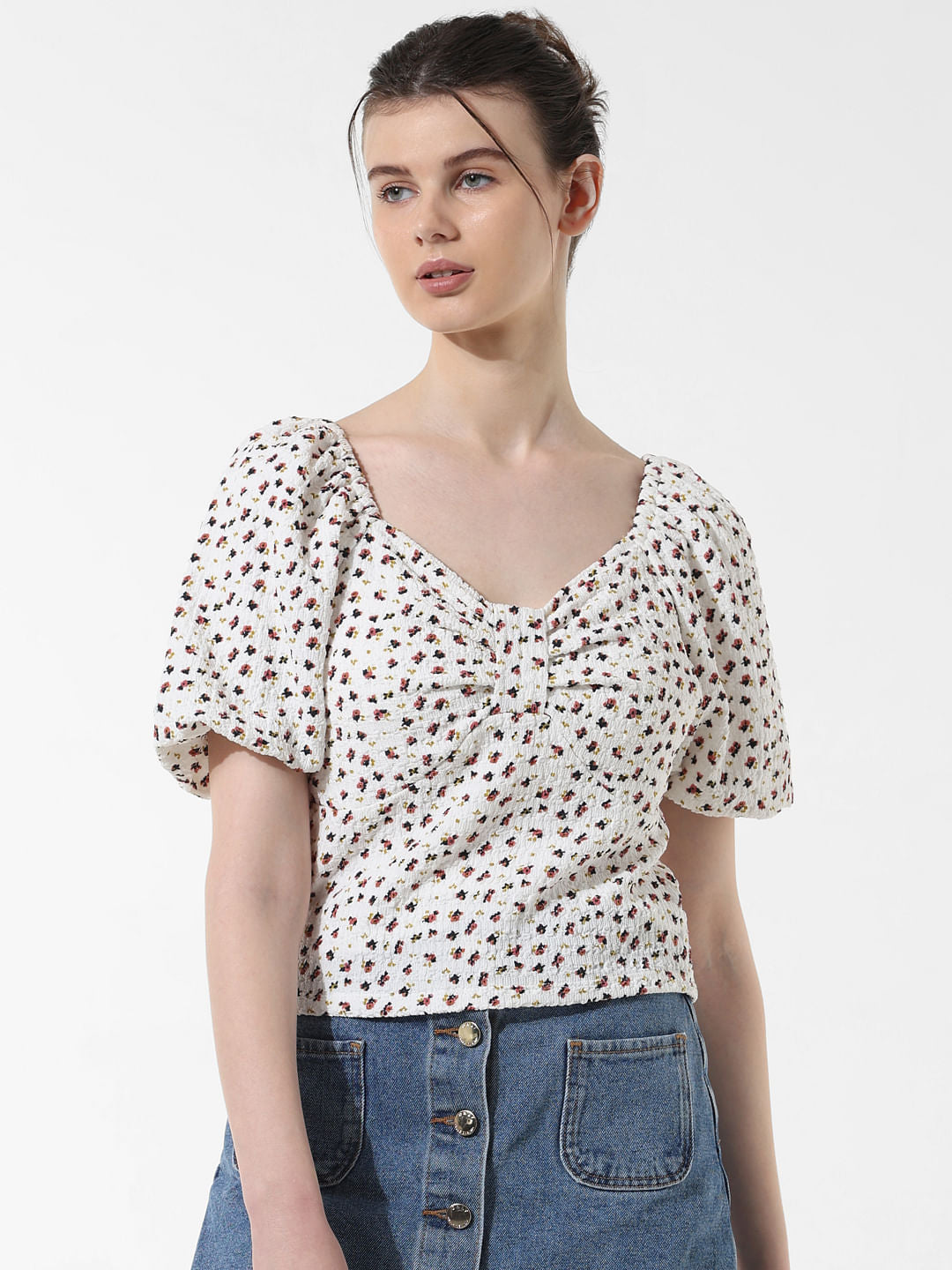 White Printed Textured Top