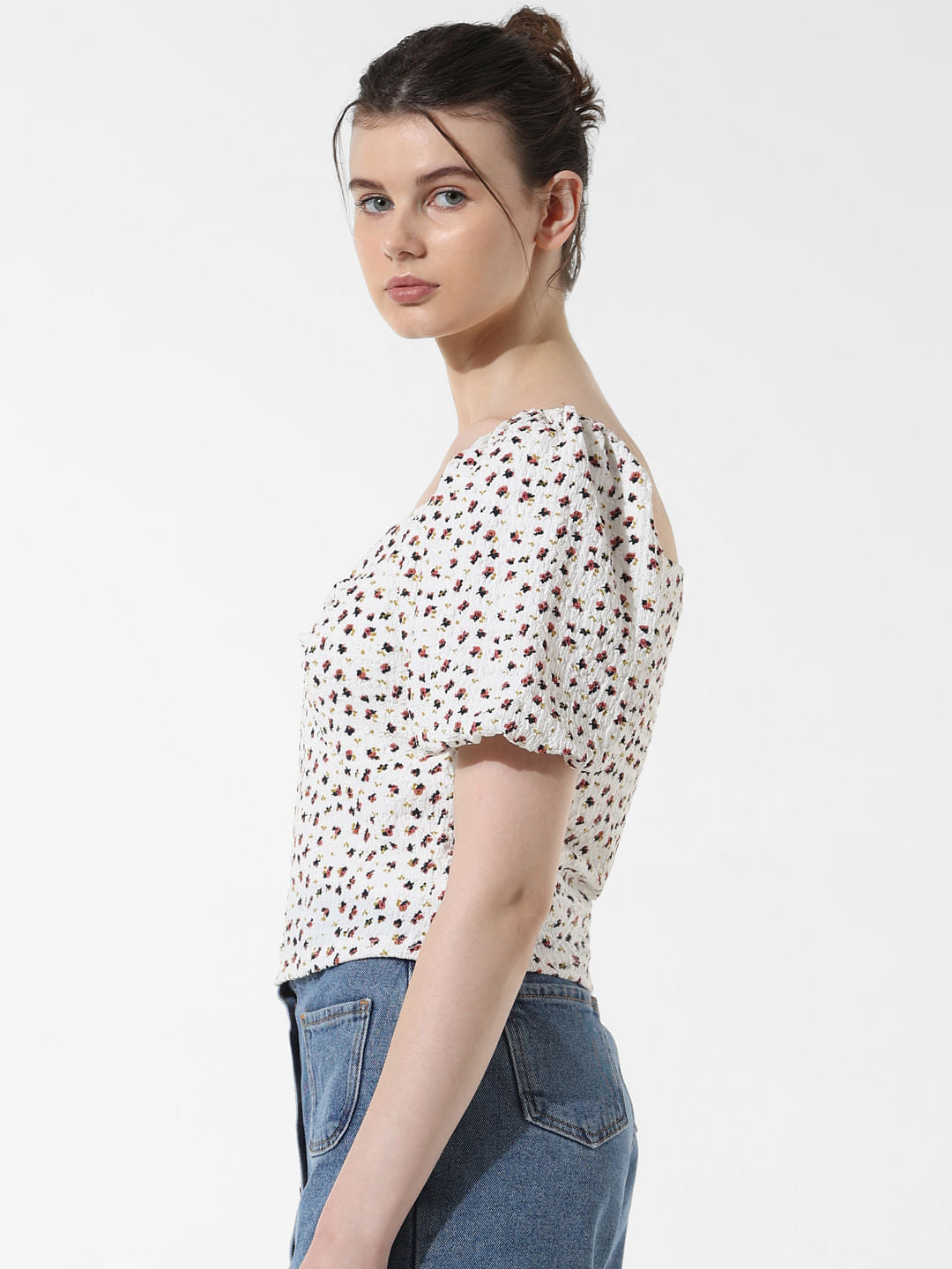 White Printed Textured Top