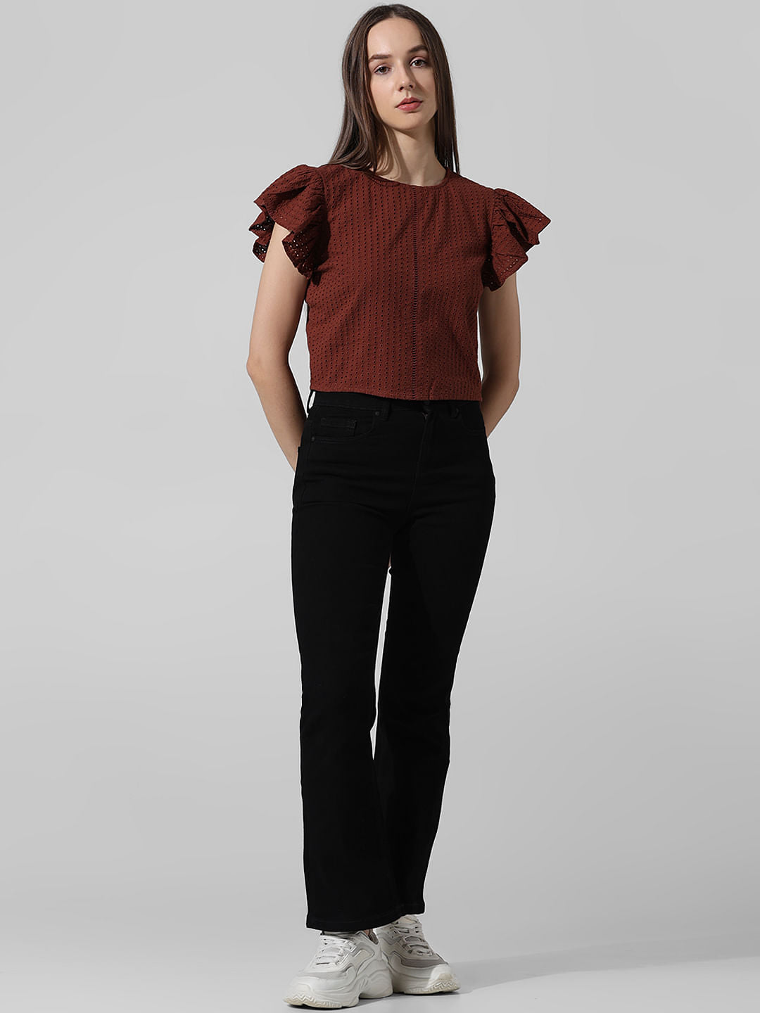 Brown Schiffli Flutter Sleeves Top