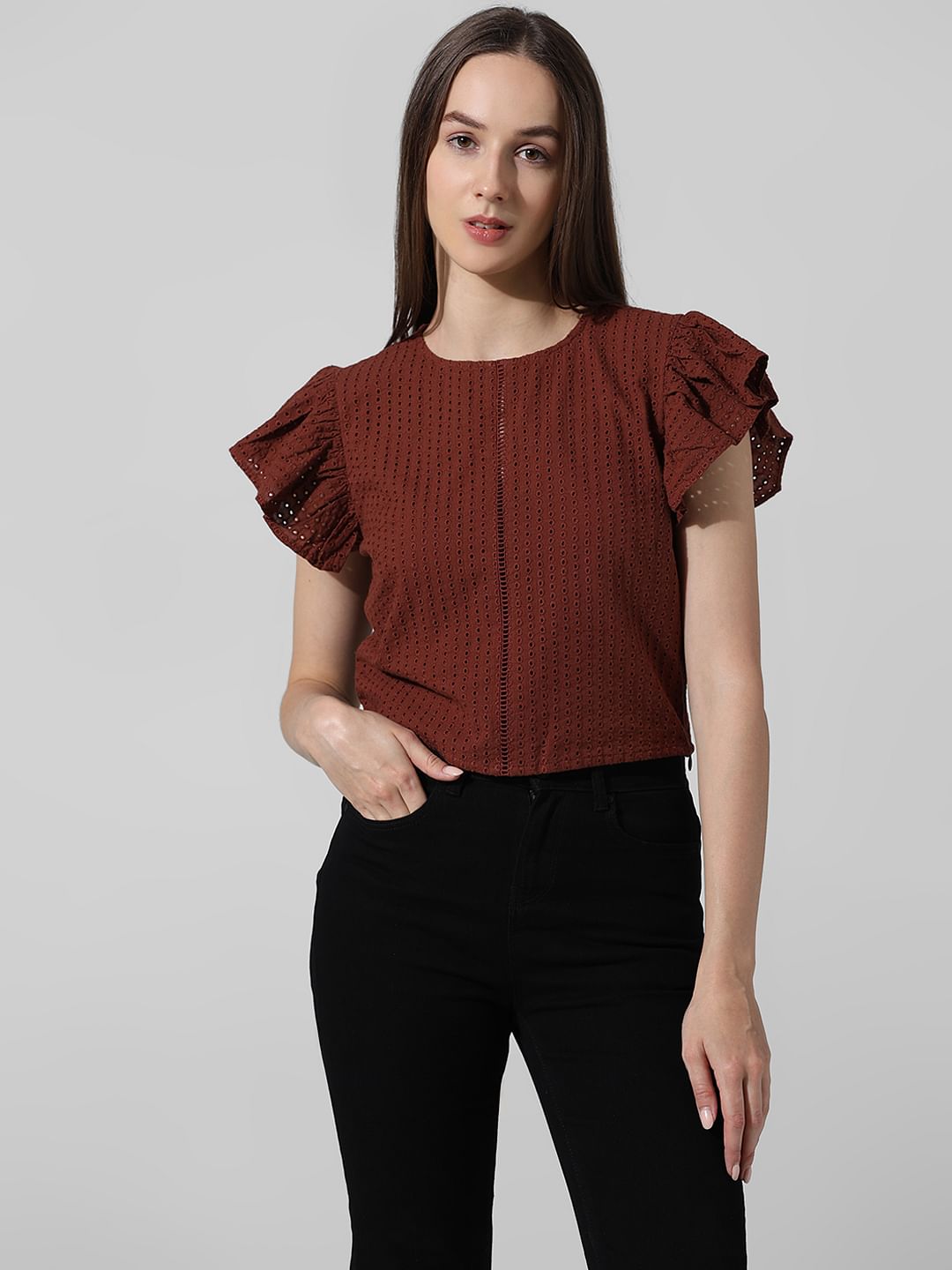 Brown Schiffli Flutter Sleeves Top