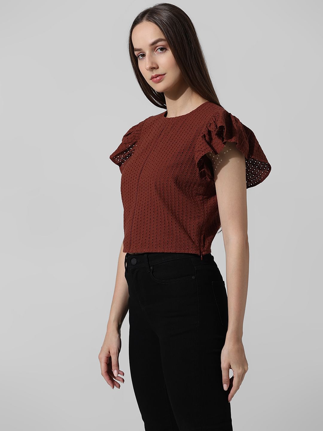 Brown Schiffli Flutter Sleeves Top